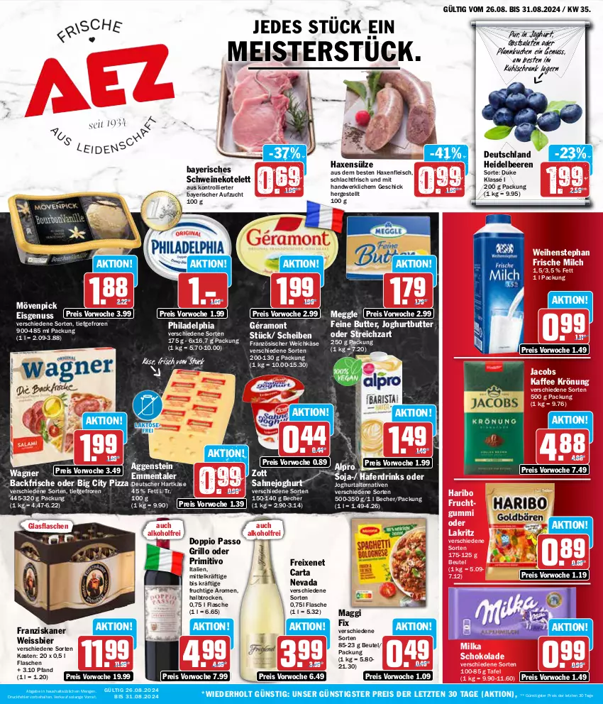 Aktueller Prospekt Aez - Prospekte - von 26.08 bis 31.08.2024 - strona 1 - produkty: alkohol, alpro, axe, Becher, beere, beeren, beutel, bier, butter, doppio passo, drink, drinks, eis, emmentaler, flasche, fleisch, franziskaner, französischer weichkäse, freixenet, frische milch, frucht, fruchtgummi, géramont, glasflasche, grill, grillo, hafer, Haferdrink, haribo, hartkäse, Haxe, heidelbeere, heidelbeeren, jacobs, joghur, joghurt, kaffee, Käse, kotelett, kuchen, kühlschrank, Lakritz, maggi, maggi fix, meggle, Meister, milch, milka, milka schokolade, mövenpick, mövenpick eis, nuss, obst, oder lakritz, passo, Pfannkuchen, philadelphia, pizza, primitivo, reis, sahne, Sahnejoghurt, salat, salate, schoko, schokolade, Schrank, schwein, schweine, schweinekotelett, soja, Streichzart, Ti, trolli, wagner, weichkäse, weihenstephan, wein, weine, weissbier, zott, ZTE