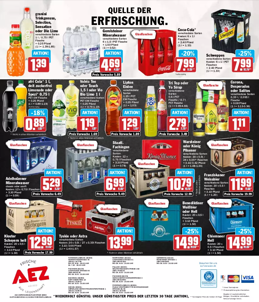 Aktueller Prospekt Aez - Prospekte - von 26.08 bis 31.08.2024 - strona 16 - produkty: adelholzener, AEZ, Afri Cola, Alwa, Astra, Benediktiner, bier, bio, bio limo, buch, coca-cola, cola, corona, deit, desperados, drucker, eis, eistee, elle, Engel, ente, fisch, flasche, franziskaner, Germ, gerolsteine, gerolsteiner, glasflasche, granini, Holz, kerze, könig pilsener, limo, limonade, lipton, mineralwasser, Mineralwasser Classic, nuss, perla, pils, pilsener, reis, ring, rum, schweppes, sirup, Spezi, Staatl. Fachingen, steiner, tee, teller, Ti, tyskie, uhr, vio bio limo, volvic, warsteiner, wasser, weissbier, Yo, ZTE, zucker