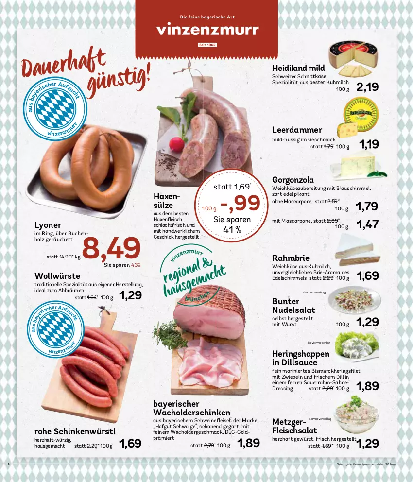 Aktueller Prospekt Aez - Prospekte - von 26.08 bis 31.08.2024 - strona 4 - produkty: auer, axe, bismarck, brie, buch, dressing, eis, elle, fleisch, fleischsalat, gewürz, gorgonzola, Haxe, hering, Herings, Heringshappen, hofgut, Holz, Käse, leerdammer, LG, lyoner, mac, mascarpone, milch, mit zwiebeln, nudel, nudelsalat, nuss, reis, ring, sahne, salat, sauce, Sauerrahm, schinken, schnittkäse, schwein, schweine, schweizer schnittkäse, Spezi, Ti, weichkäse, wein, weine, wurst, Yo, ZTE, zwiebel, zwiebeln