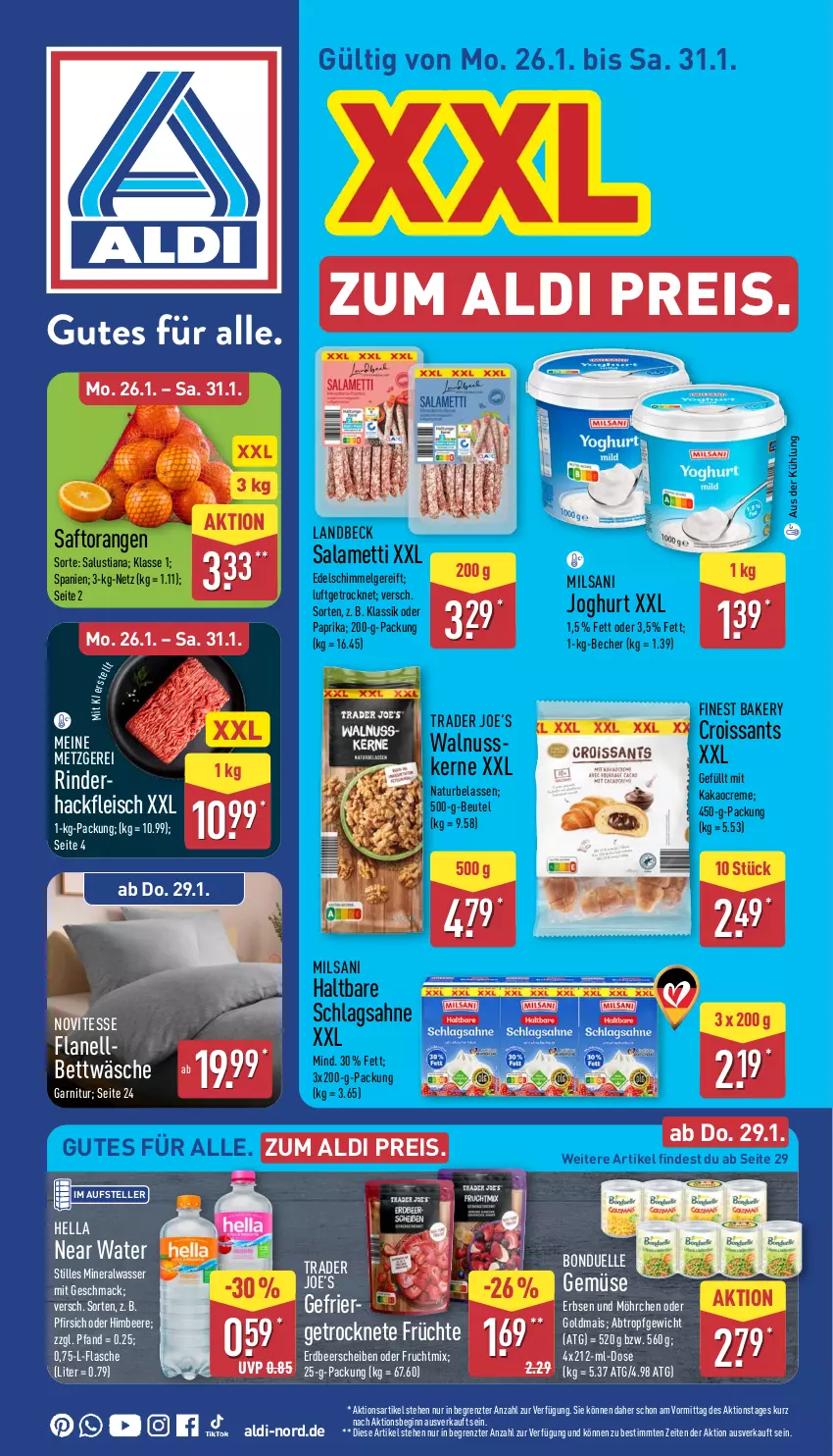 Aktueller Prospekt Aldi Nord - Von Montag - von 26.01 bis 31.01.2026 - strona 1 - produkty: aldi, Alwa, Becher, beere, bett, bettwäsche, beutel, bonduelle, creme, Croissant, croissants, eis, elle, erbsen, flasche, fleisch, frucht, früchte, garnitur, gin, Goldmais, hackfleisch, hella, himbeer, himbeere, joghur, joghurt, kakao, LG, Lusti, mac, mais, Mett, mineralwasser, natur, nuss, orange, orangen, paprika, pfirsich, reis, rind, rinder, saft, Saftorangen, sahne, Salus, schlagsahne, teller, Ti, walnuss, wasser, ZTE