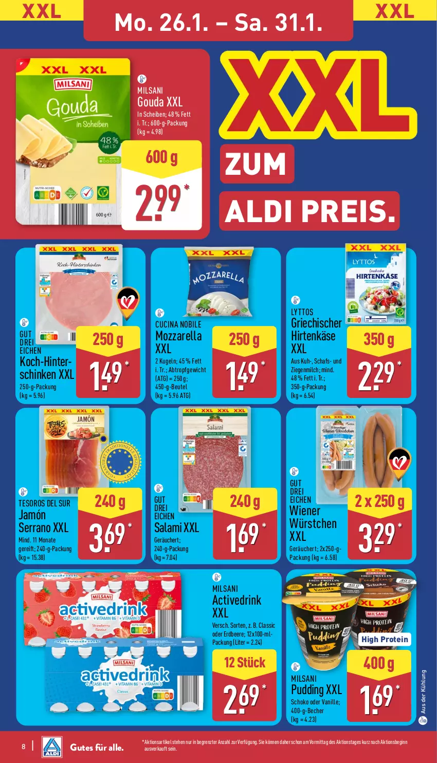 Aktueller Prospekt Aldi Nord - Von Montag - von 26.01 bis 31.01.2026 - strona 10 - produkty: aldi, Becher, beere, beutel, cin, drink, eis, erdbeere, gin, gouda, hirtenkäse, jamón serrano, Käse, Kugel, milch, mozzarella, pudding, reis, rel, salami, schinken, schoko, serrano, Ti, vanille, wiener, wiener würstchen, würstchen, ZTE