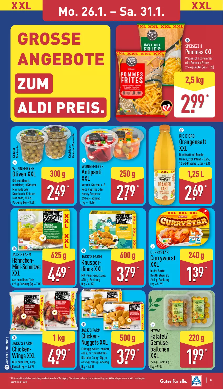 Aktueller Prospekt Aldi Nord - Von Montag - von 26.01 bis 31.01.2026 - strona 11 - produkty: aldi, angebot, angebote, antipasti, asti, aus der tiefkühlung, beutel, bratwurst, brustfilet, chili, curry, currywurst, dip, direktsaft, eis, elle, Falafel, filet, flasche, fleisch, frucht, gewürz, gin, knoblauch, kräuter, marinade, mit frucht, nuggets, olive, oliven, orange, orangen, orangensaft, paprika, pommes, Pommes Frites, reis, rostbratwurst, saft, schnitzel, Ti, wurst, ZTE
