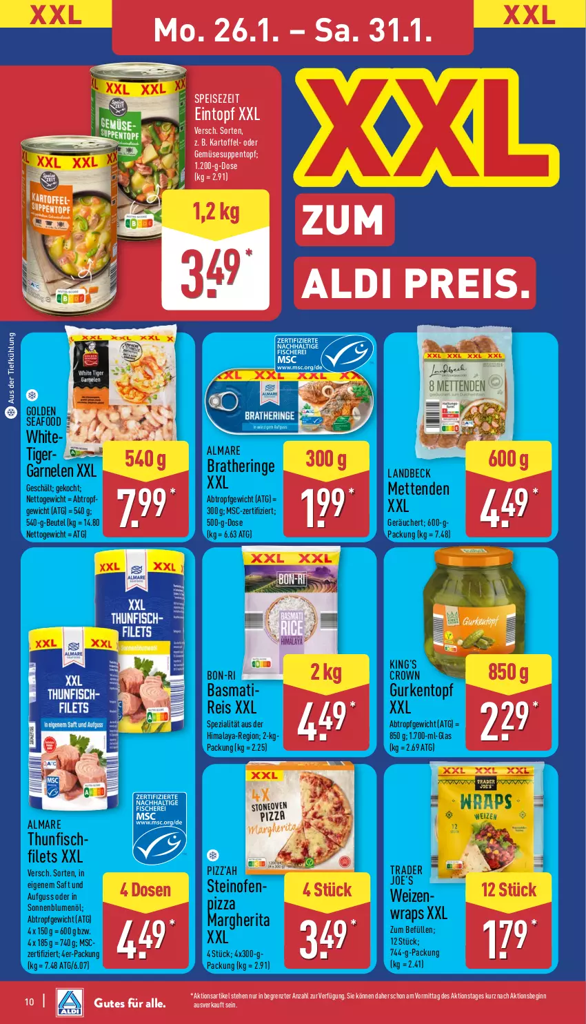 Aktueller Prospekt Aldi Nord - Von Montag - von 26.01 bis 31.01.2026 - strona 12 - produkty: aldi, almare, aus der tiefkühlung, basmati, beutel, blume, blumen, blumenöl, Bratheringe, eintopf, eis, filet, filets, fisch, garnelen, gin, gurke, gurken, hering, kartoffel, margherita, Mett, metten, Mettenden, Ofen, pizza, reis, ring, saft, sonnenblume, sonnenblumen, sonnenblumenöl, Spezi, steinofen, suppe, suppen, thunfisch, Ti, topf, wrap, wraps, ZTE