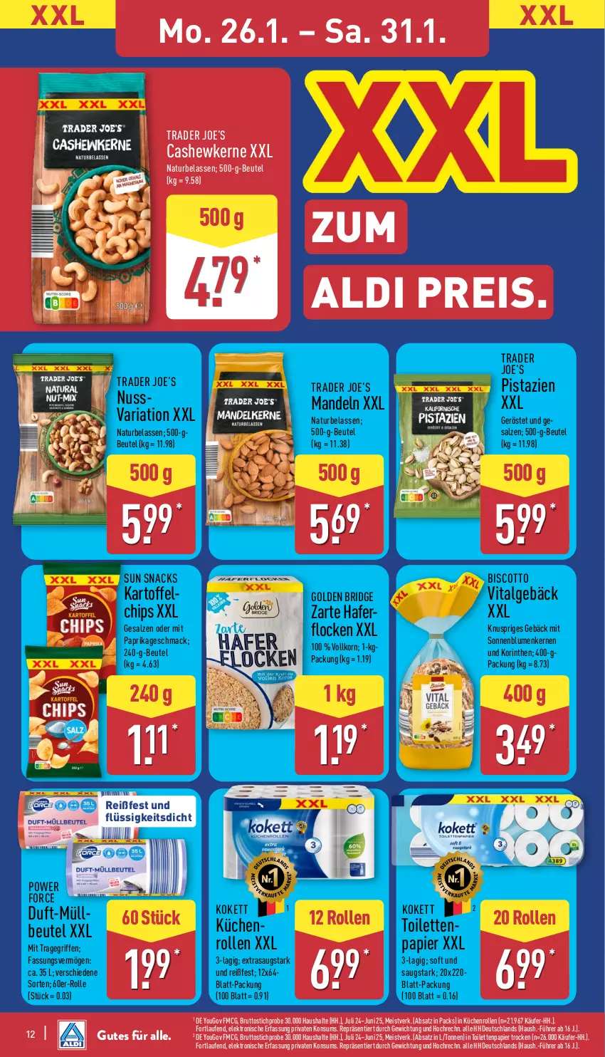 Aktueller Prospekt Aldi Nord - Von Montag - von 26.01 bis 31.01.2026 - strona 14 - produkty: aldi, beutel, biscotto, blume, blumen, brut, Cashew, chips, eis, Elektro, hafer, haferflocken, HP, kartoffel, korn, küche, Küchen, küchenrolle, küchenrollen, Laufen, mac, mandel, mandeln, mit paprika, natur, nuss, papier, paprika, pistazien, reis, Ria, salz, snack, snacks, Sun Snacks, Ti, toilettenpapier, tragegriff, vita, Yo