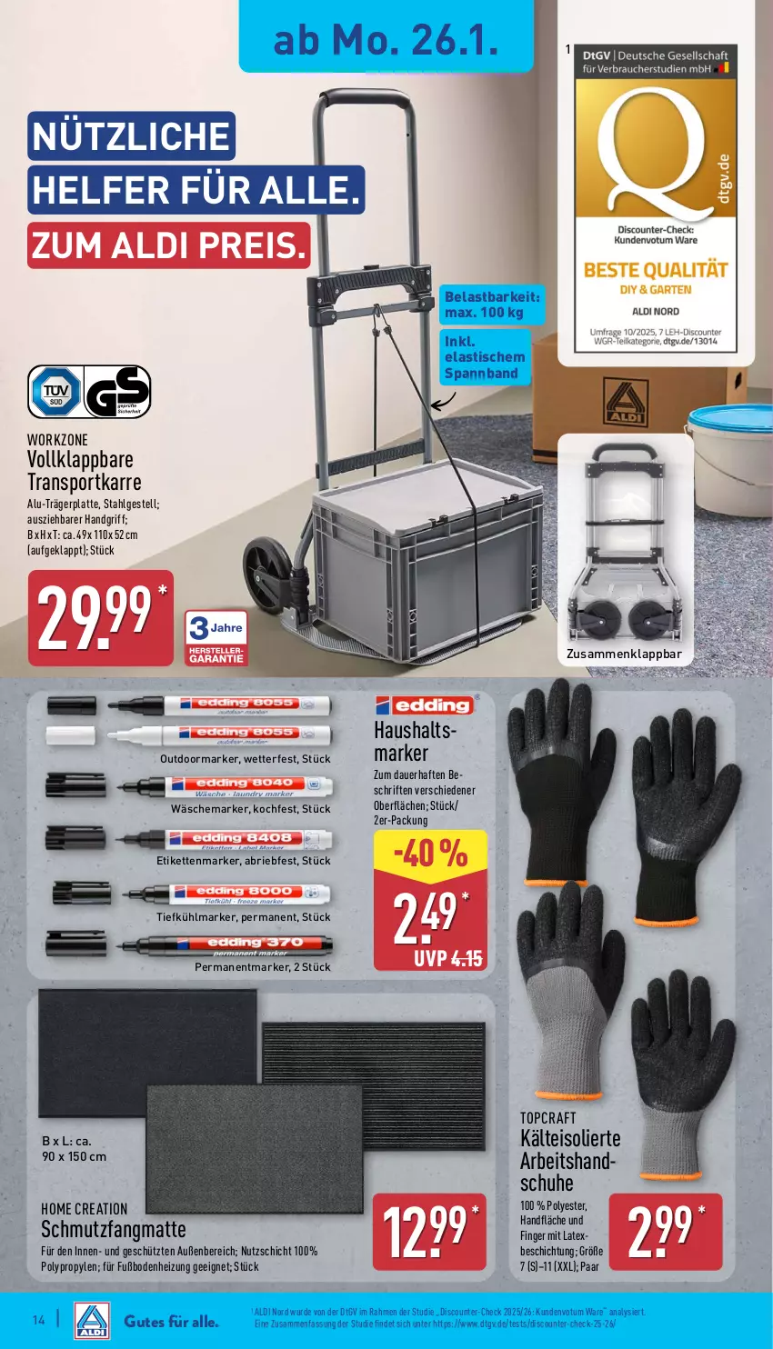 Aktueller Prospekt Aldi Nord - Von Montag - von 26.01 bis 31.01.2026 - strona 16 - produkty: aldi, asti, auer, brie, discount, eis, handschuhe, Kette, latte, LG, reis, schuhe, Sport, Ti, tisch, transportkarre, ZTE