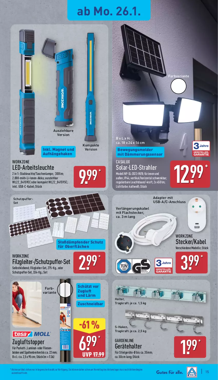 Aktueller Prospekt Aldi Nord - Von Montag - von 26.01 bis 31.01.2026 - strona 17 - produkty: adapter, akku, Arbeitsleuchte, auer, Brei, dell, elle, gin, kraft, lachs, laminat, Lampe, Leuchte, LG, Mode, Ria, Tasche, taschen, taschenlampe, Ti, topper, usb, ZTE, Zugluftstopper