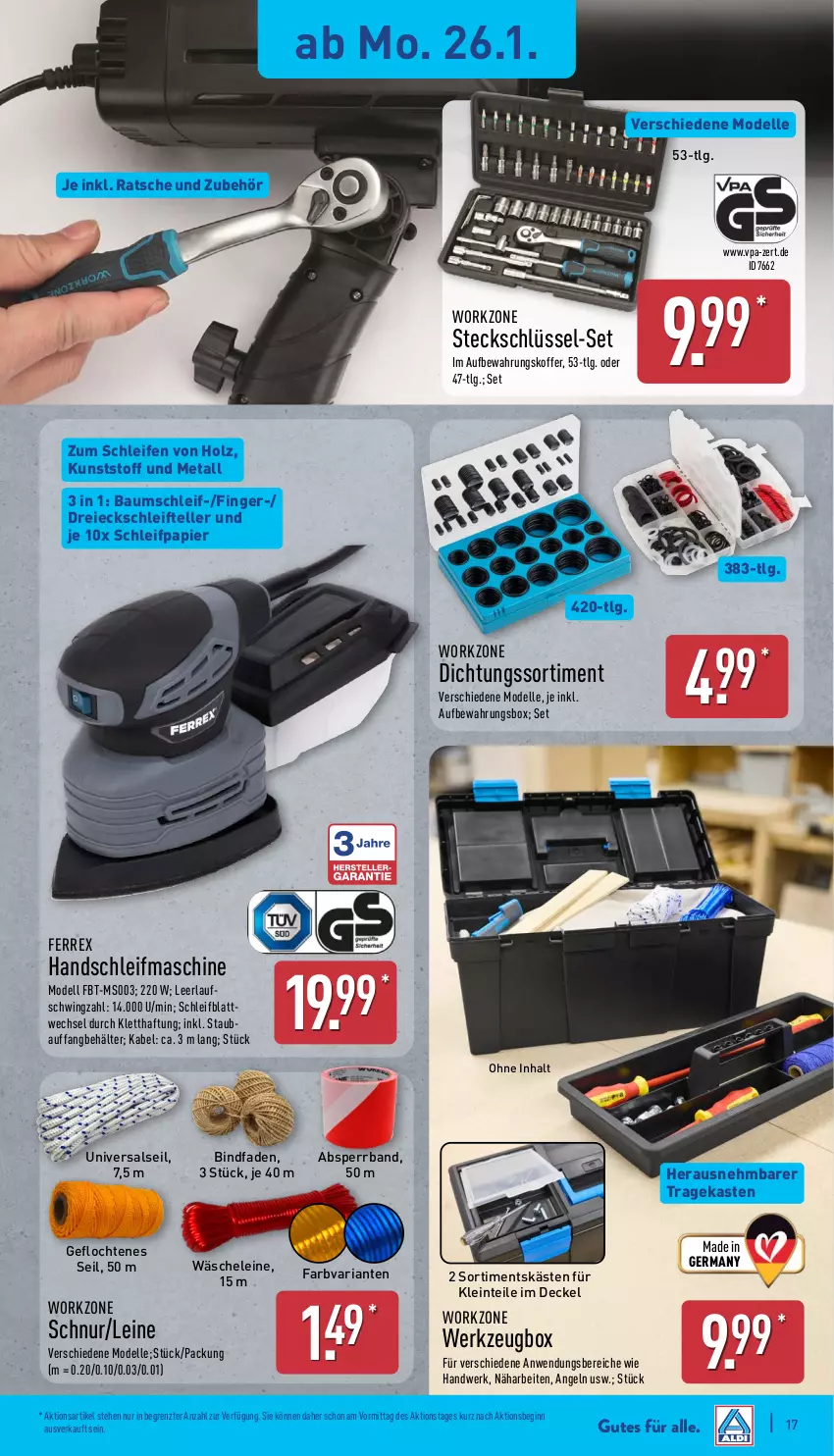 Aktueller Prospekt Aldi Nord - Von Montag - von 26.01 bis 31.01.2026 - strona 19 - produkty: Absperrband, aufbewahrungsbox, aufbewahrungskoffer, Bau, Behälter, decke, Deckel, dell, elle, ferrex, Germ, gin, Holz, koffer, leine, LG, Mode, papier, Ria, Schleifpapier, teller, Ti, werkzeug, Werkzeugbox, ZTE