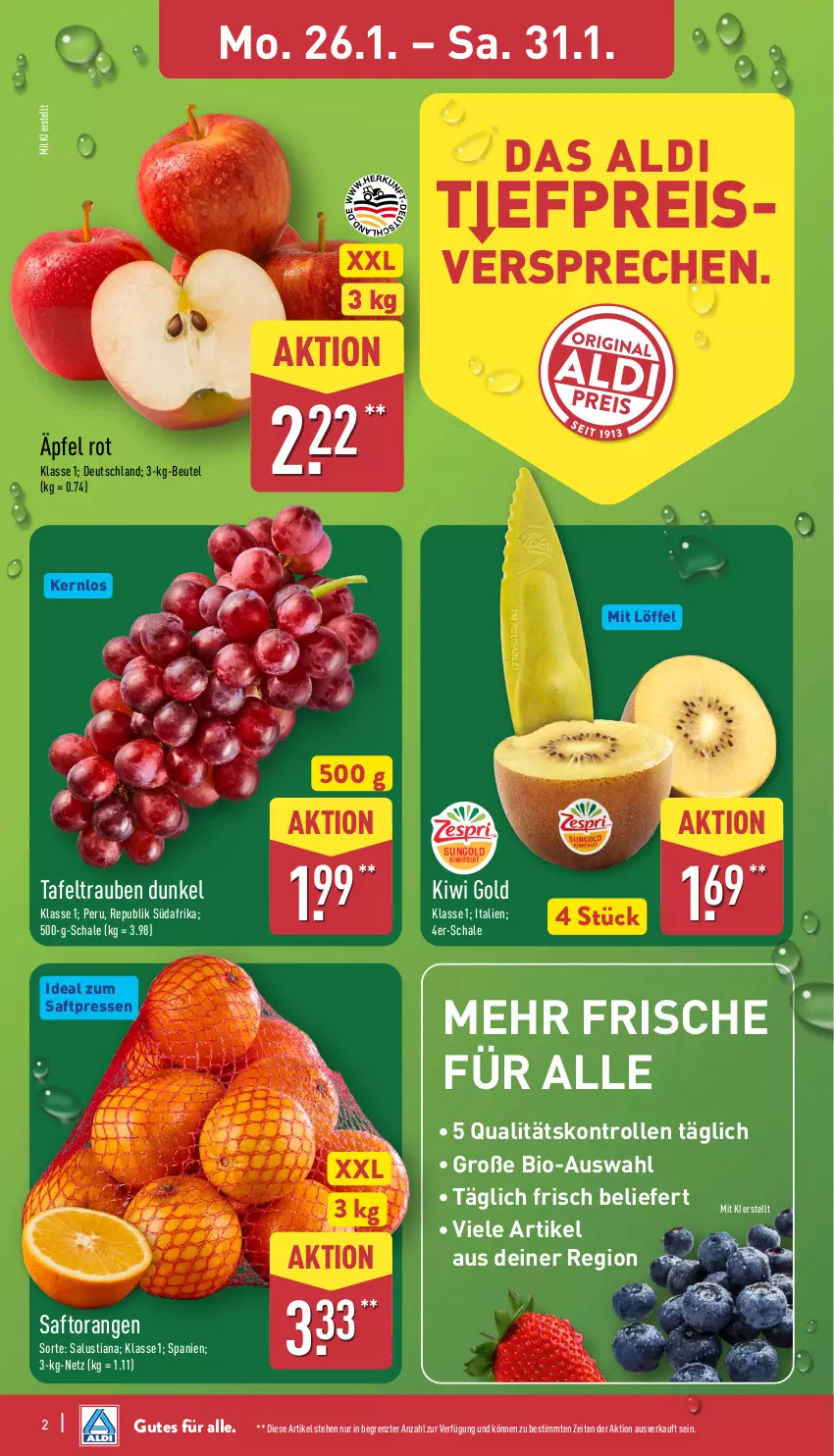 Aktueller Prospekt Aldi Nord - Von Montag - von 26.01 bis 31.01.2026 - strona 2 - produkty: aldi, beutel, bio, eis, kiwi, Kiwi Gold, kiwifruit, Löffel, Lusti, orange, orangen, reis, saft, Saftorangen, Salus, Schal, Schale, tafeltrauben, Ti, trauben, ZTE