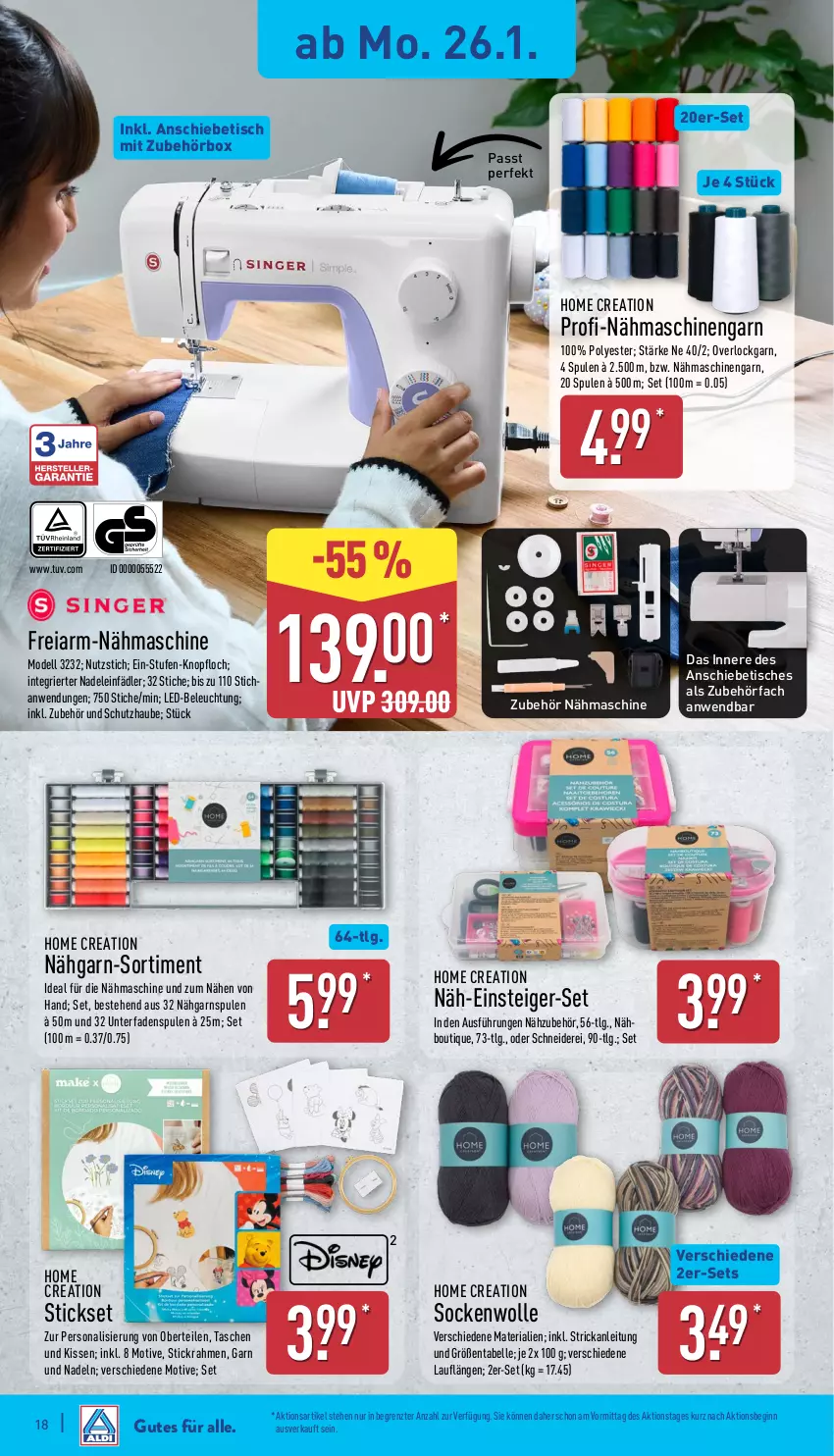 Aktueller Prospekt Aldi Nord - Von Montag - von 26.01 bis 31.01.2026 - strona 20 - produkty: beleuchtung, dell, elle, gin, kissen, led-beleuchtung, LG, Mode, Nähmaschine, Oberteile, Persona, Ria, socken, Tasche, taschen, Ti, tisch, wolle, ZTE