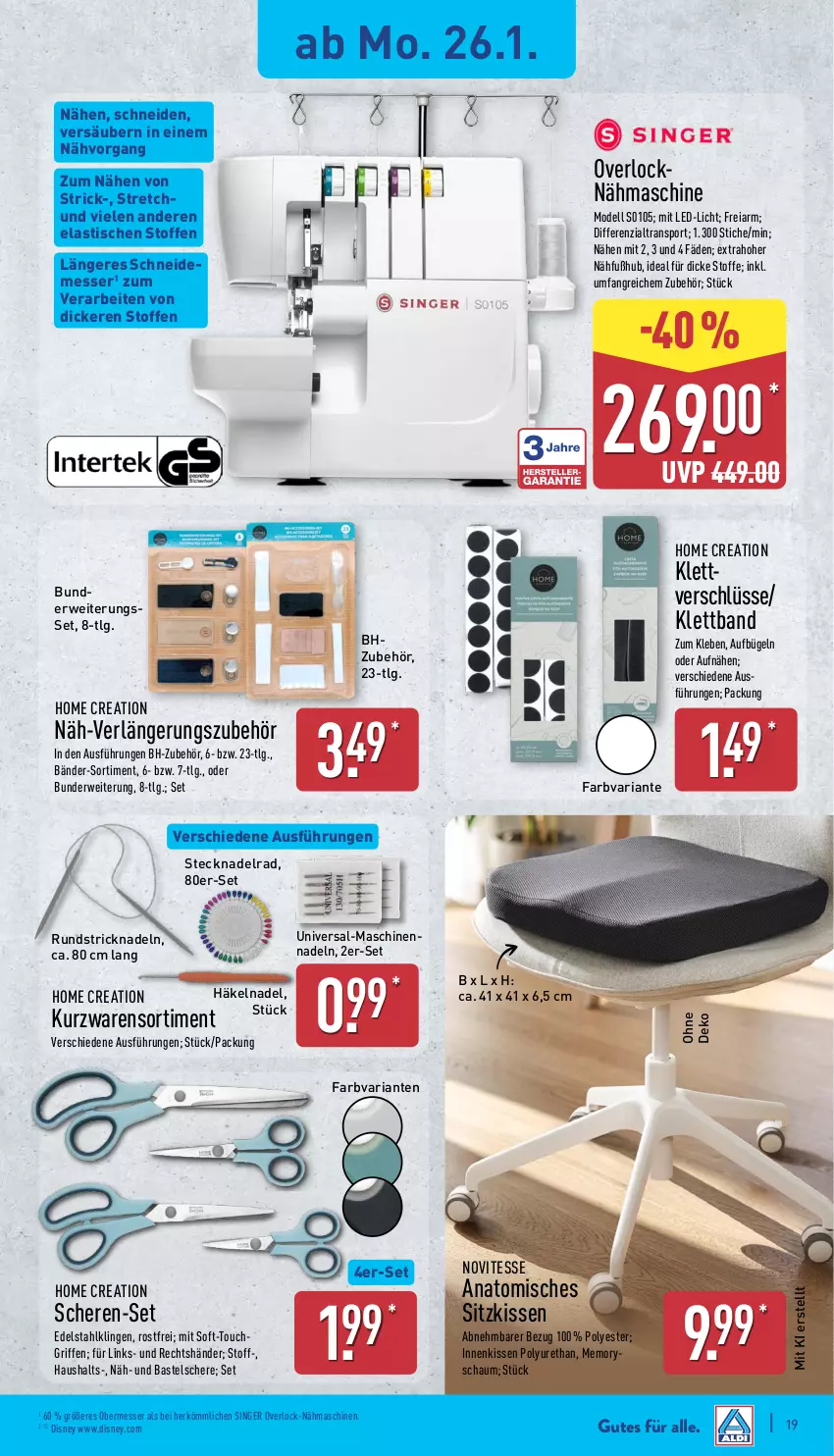 Aktueller Prospekt Aldi Nord - Von Montag - von 26.01 bis 31.01.2026 - strona 21 - produkty: asti, bügel, dell, disney, edelstahl, kissen, led-licht, LG, messer, Mode, Nähmaschine, Ria, rwe, Schere, sitzkissen, Sport, Ti, tisch
