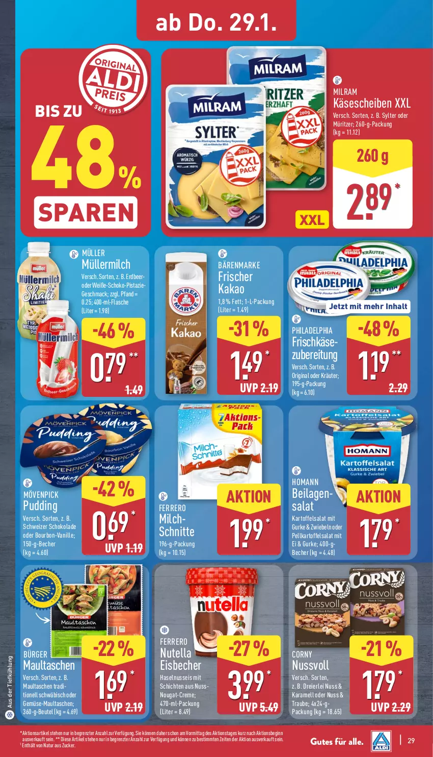 Aktueller Prospekt Aldi Nord - Von Montag - von 26.01 bis 31.01.2026 - strona 31 - produkty: aus der tiefkühlung, bärenmarke, Becher, beutel, bourbon, corny, creme, eier, eis, eisbecher, ferrero, flasche, frischkäse, gin, gurke, haselnuss, homann, ilag, kakao, karamell, kartoffel, kartoffelsalat, Käse, kräuter, mac, maultaschen, milch, Milchschnitte, milram, mövenpick, Müller, natur, nuss, nutella, oder kräuter, philadelphia, pudding, salat, schoko, schokolade, Sylter, Tasche, taschen, Ti, vanille, ZTE, zucker, zwiebel, zwiebeln
