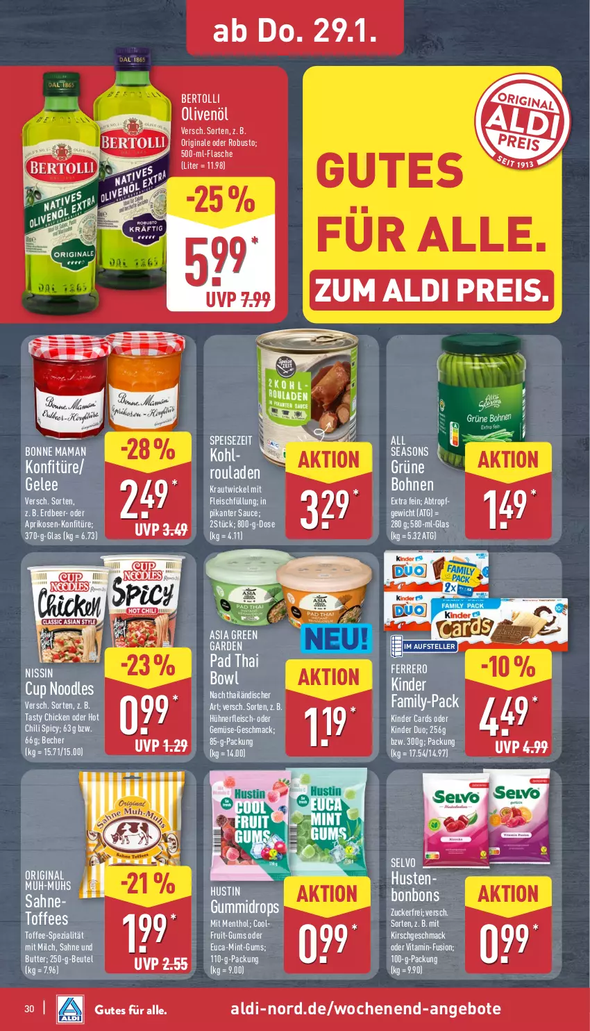Aktueller Prospekt Aldi Nord - Von Montag - von 26.01 bis 31.01.2026 - strona 32 - produkty: aldi, angebot, angebote, aprikose, aprikosen, Asia Green Garden, Becher, bertolli, beutel, bohne, bohnen, bonbons, bonne maman, butter, chili, eis, elle, ferrero, flasche, fleisch, gelee, gin, grüne bohnen, hot chili, hühner, Kinder, kirsch, konfitüre, Kraut, mac, mam, milch, mint, nerf, Nissin, olive, oliven, olivenöl, reis, rouladen, sahne, sauce, Spezi, teller, Ti, vita, WICK, zucker