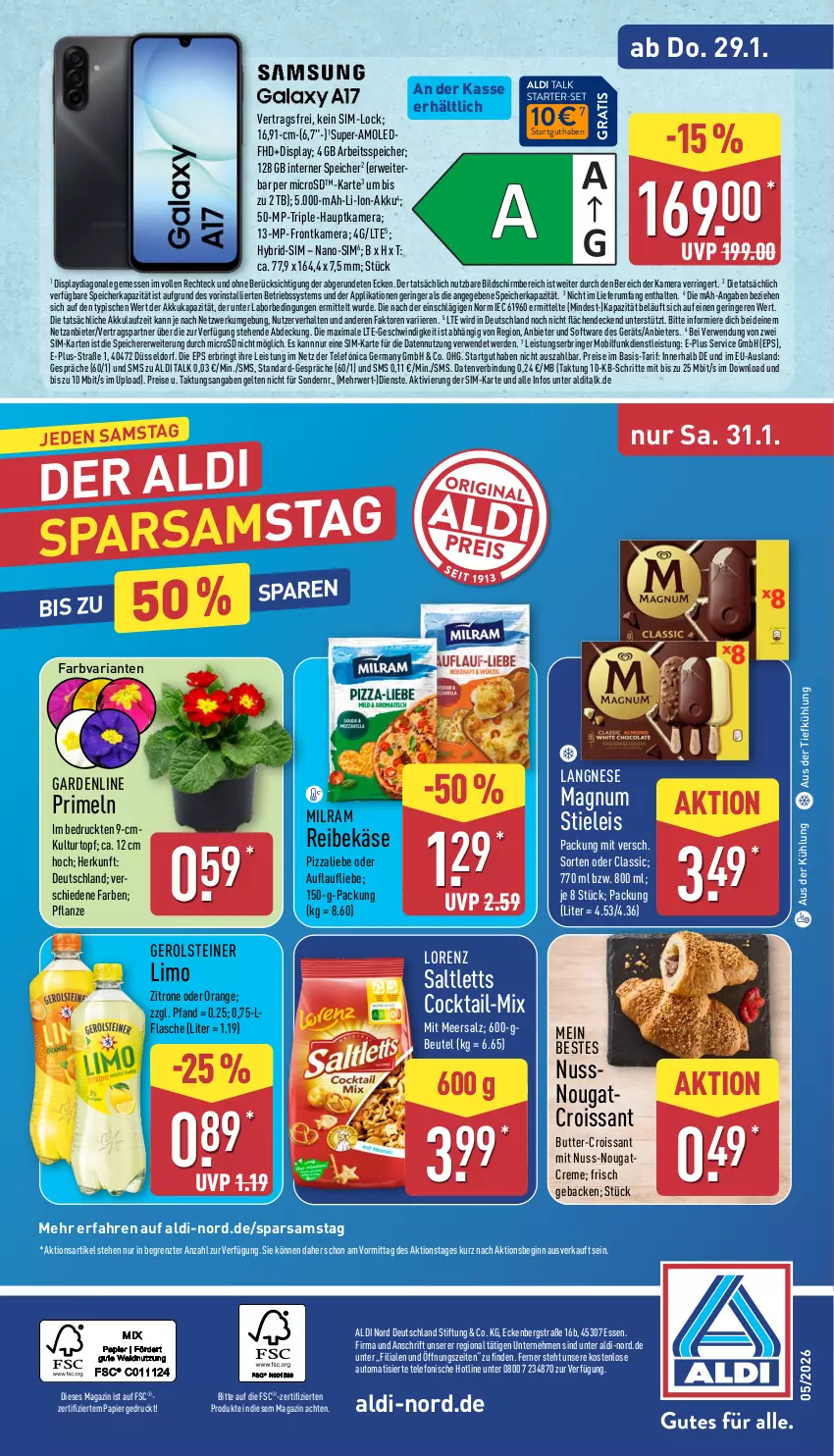 Aktueller Prospekt Aldi Nord - Von Montag - von 26.01 bis 31.01.2026 - strona 34 - produkty: akku, aldi, aldi talk, aus der tiefkühlung, auto, Betriebssystem, beutel, butter, cocktail, creme, Croissant, decke, eis, erde, flasche, geback, Germ, gerolsteine, gerolsteiner, gin, hauptkamera, kamera, Käse, kulturtopf, langnese, li-ion-akku, limo, lorenz, magazin, magnum, meersalz, microsd, milram, Nougatcreme, nuss, orange, papier, pflanze, pizza, Primeln, Reibekäse, reis, Ria, ring, rum, rwe, saltletts, salz, sim, Software, steiner, stieleis, telefon, Ti, topf, zitrone, ZTE
