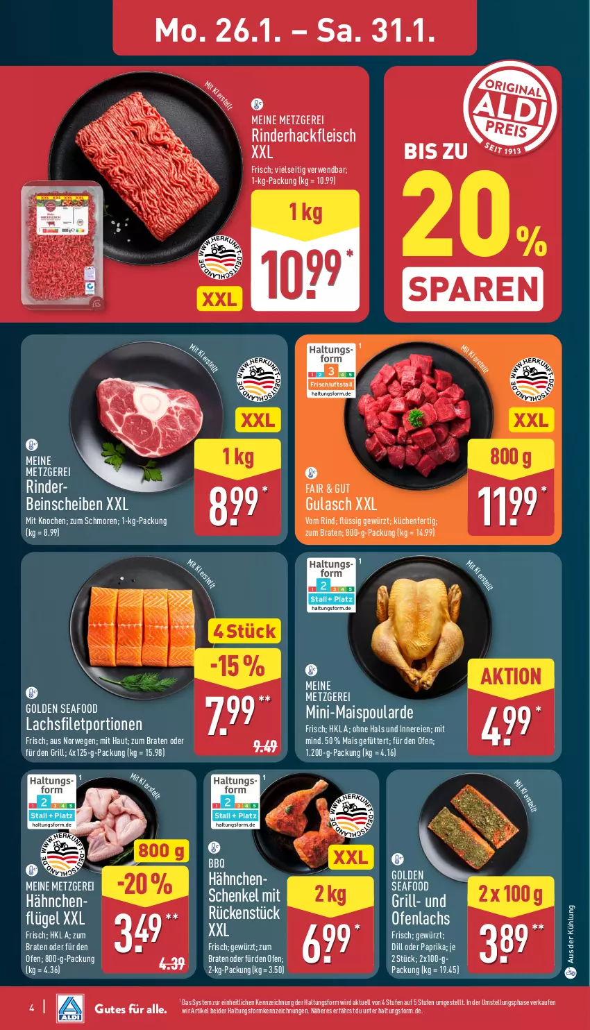 Aktueller Prospekt Aldi Nord - Von Montag - von 26.01 bis 31.01.2026 - strona 4 - produkty: bio, braten, eis, filet, fleisch, gewürz, grill, gulasch, hackfleisch, hähnchenflügel, hähnchenschenkel, henkel, küche, Küchen, lachs, lachsfilet, mais, Ofen, paprika, rind, rinder, rinderhackfleisch, rwe, schenkel, Ti