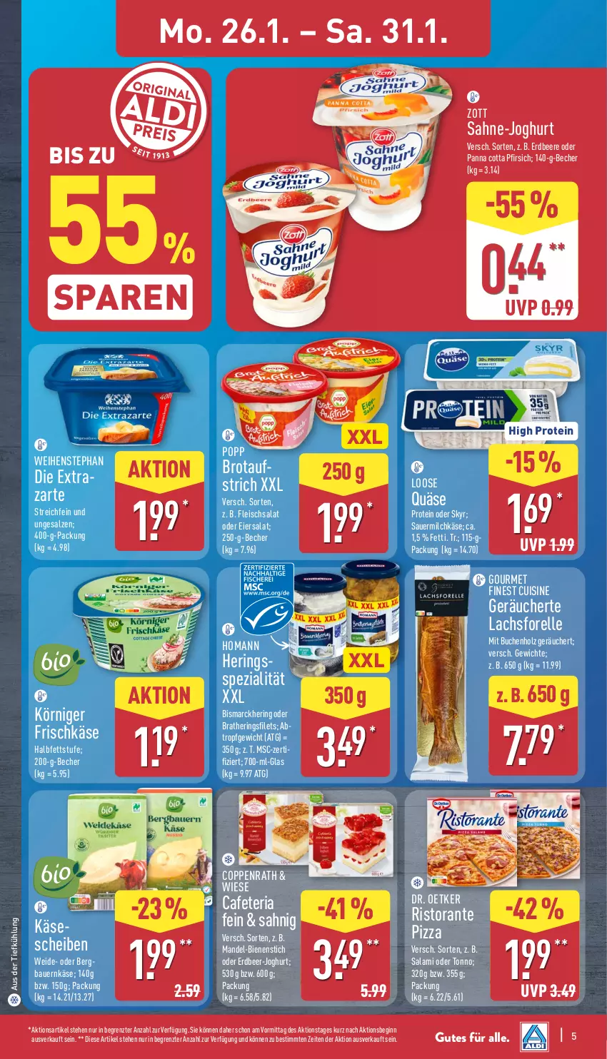 Aktueller Prospekt Aldi Nord - Von Montag - von 26.01 bis 31.01.2026 - strona 7 - produkty: auer, aufstrich, aus der tiefkühlung, Bau, Bauer, Becher, beere, bismarck, brot, brotaufstrich, buch, coppenrath, Dr. Oetker, eier, eiersalat, eis, elle, erdbeere, filet, filets, fleisch, fleischsalat, forelle, frischkäse, gin, hering, Herings, heringsfilets, Holz, homann, joghur, joghurt, Käse, Körniger Frischkäse, lachs, Loose, mandel, milch, panna cotta, pfirsich, pizza, Popp, quäse, rel, Ria, ring, ristorante, ristorante pizza, sahne, salami, salat, salz, Sauermilchkäse, Skyr, Spezi, Ti, weihenstephan, zott, ZTE