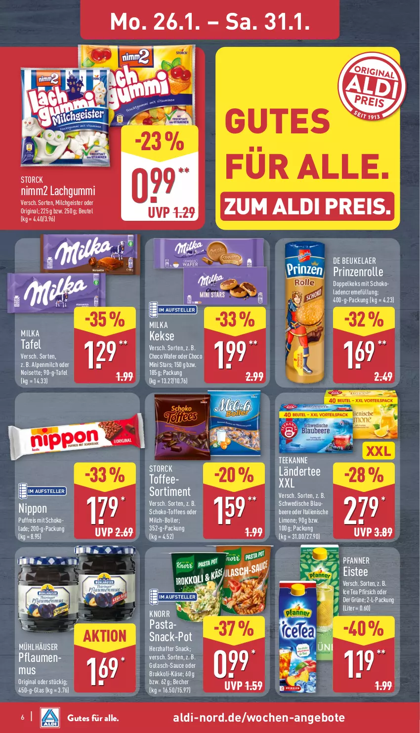 Aktueller Prospekt Aldi Nord - Von Montag - von 26.01 bis 31.01.2026 - strona 8 - produkty: aldi, alpenmilch, angebot, angebote, Becher, beere, beutel, brokkoli, creme, de beukelaer, eis, eistee, elle, gin, gulasch, ice tea, Käse, keks, kekse, knorr, lachgummi, Ländertee, limo, milch, milka, mühlhäuser, nimm2, nippon, pasta, pfanne, Pfanner, pfirsich, pflaume, pflaumen, pflaumenmus, prinzenrolle, reis, sauce, schoko, snack, storck, tee, teekanne, teller, Ti