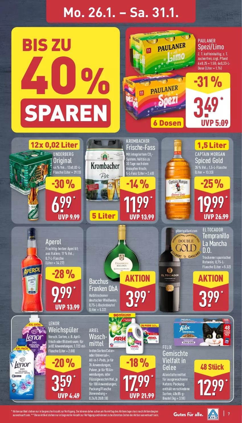 Aktueller Prospekt Aldi Nord - Von Montag - von 26.01 bis 31.01.2026 - strona 9 - produkty: ACC, alleinfuttermittel, aperitif, aperol, ariel, beutel, Blüte, Cap, captain morgan, felix, flasche, frucht, gelee, gin, krombache, krombacher, lenor, lenor weichspüler, limo, Paula, paulaner, Pods, pril, rotwein, Spezi, tempranillo, Ti, underberg, waschmittel, weichspüler, wein, Weißwein, ZTE, zucker