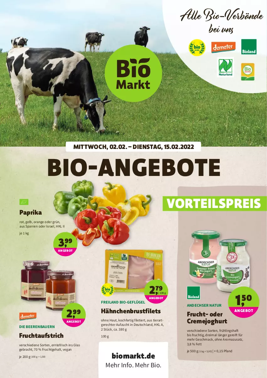 Aktueller Prospekt Denns Biomarkt - Prospekte - von 02.02 bis 15.02.2022 - strona 1 - produkty: andechser natur, angebot, angebote, auer, aufstrich, Bau, Bauer, beere, beeren, bio, brustfilet, creme, eis, filet, filets, frucht, fruchtaufstrich, Geflügel, hähnchenbrust, hähnchenbrustfilet, joghur, joghurt, mac, natur, orange, paprika, paprika rot, reis, Ti, vorteilspreis