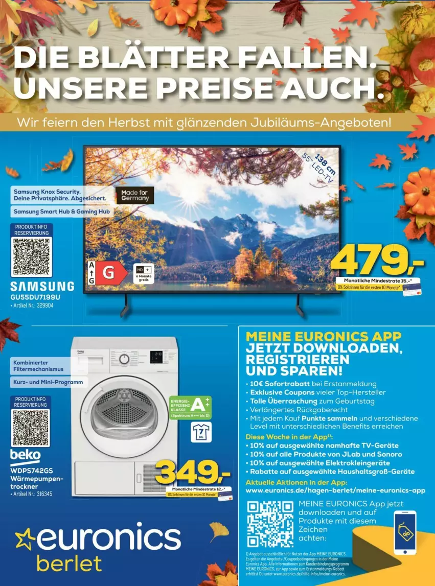 Aktueller Prospekt Euronics - Prospekte - von 19.10 bis 25.10.2024 - strona 1 - produkty: beko, coupon, coupons, elle, Samsung, sofortrabatt, teller, Ti, Yo