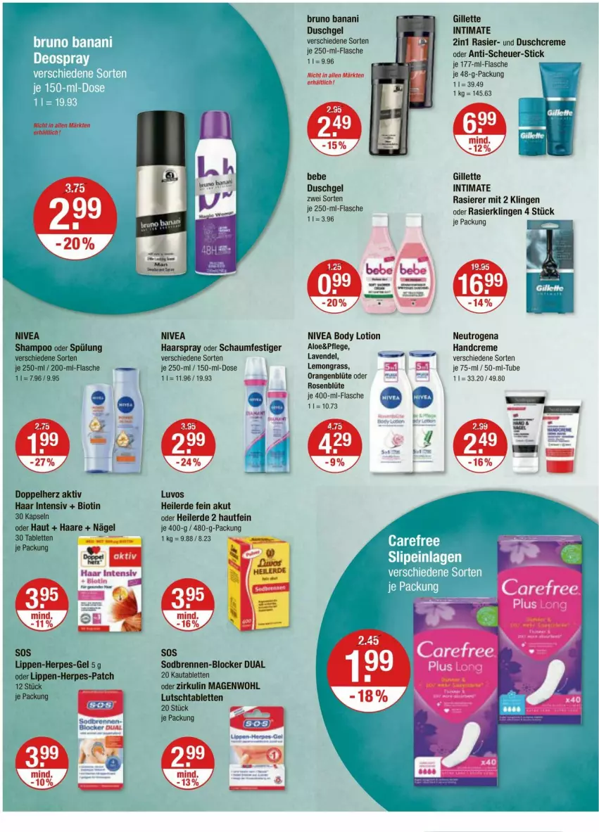 Aktueller Prospekt Vmarkt - Prospekte - von 22.02 bis 28.02.2024 - strona 10 - produkty: Bebe, Blüte, body, body lotion, bruno banani, creme, dusche, duschgel, erde, flasche, gillette, haarspray, handcreme, Heu, lavendel, Lotion, neutrogena, nivea, oder schaumfestiger, orange, orangen, rasierer, Rasierklinge, rasierklingen, rosen, schaumfestiger, Schere, shampoo, shampoo oder spülung, spülung, tablet, tablett, Tablette, Ti