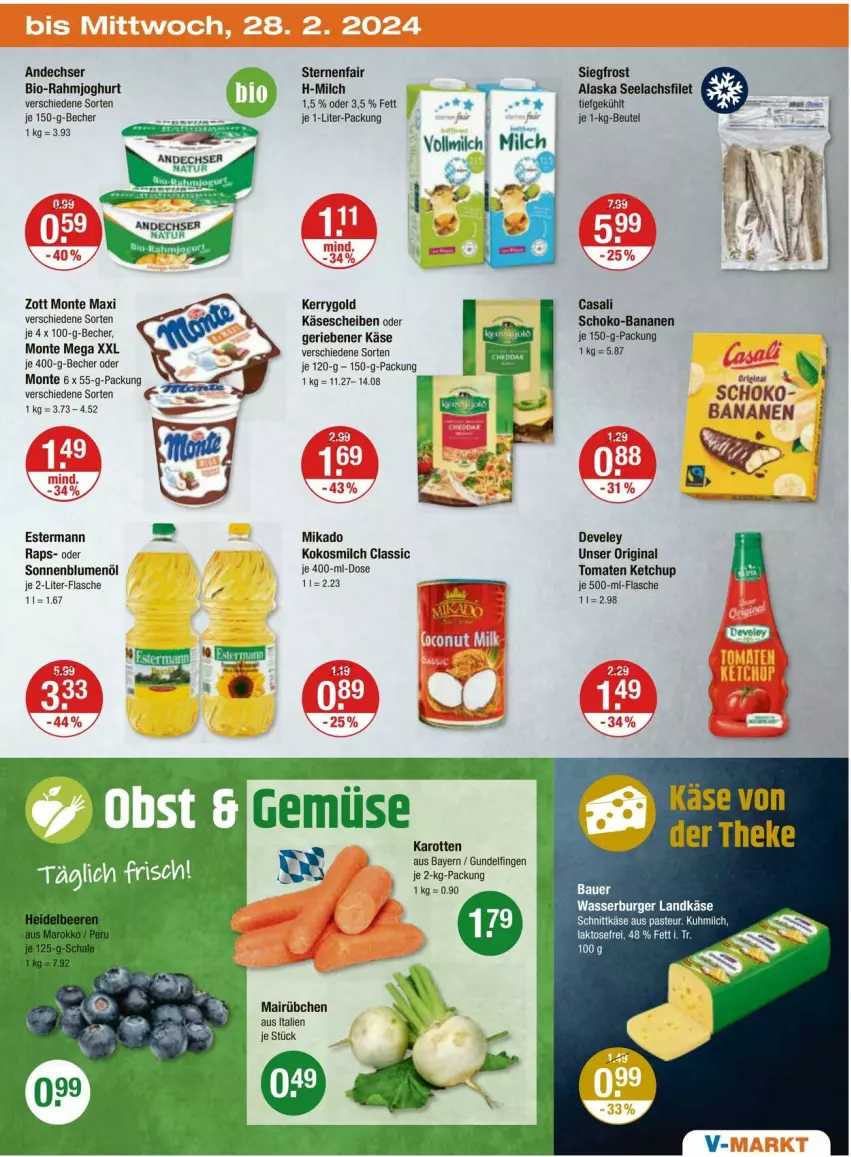 Aktueller Prospekt Vmarkt - Prospekte - von 22.02 bis 28.02.2024 - strona 19 - produkty: auer, banane, bananen, Bau, Bauer, Becher, beutel, bio, blume, blumen, blumenöl, burger, Casali, develey, filet, flasche, gin, joghur, joghurt, karotten, Käse, käsescheiben, kerrygold, ketchup, kokos, kokosmilch, lachs, lachsfilet, landkäse, mikado, milch, monte, natur, ndk, rahmjoghurt, schnittkäse, schoko, seelachsfilet, sonnenblume, sonnenblumen, sonnenblumenöl, Ti, tomate, tomaten, tomaten ketchup, vollmilch, wasser, zott, Zott Monte