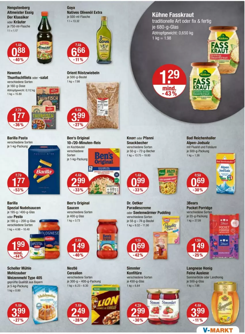 Aktueller Prospekt Vmarkt - Prospekte - von 22.02 bis 28.02.2024 - strona 7 - produkty: Bad, barilla, Becher, Ben’s Original, beutel, Blüte, cerealien, creme, Dr. Oetker, eis, elle, essig, filet, filets, fisch, flasche, gin, hawesta, hengstenberg, honig, knorr, kochbeutel, konfitüre, Kraut, kräuter, Kühne, langnese, mehl, Meister, natives olivenöl, nudel, oder kräuter, olive, oliven, olivenöl, olivenöl extra, pasta, pesto, pfanni, porridge, pudding, reis, röstzwiebeln, salat, salz, sauce, saucen, sim, snack, Spezi, thunfisch, Ti, type 405, weizenmehl, zwiebel, zwiebeln