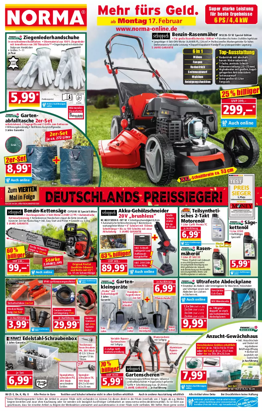 Aktueller Prospekt Norma - Norma - von 17.02 bis 24.02.2025 - strona 1 - produkty: abdeckplane, akku, asti, aufbewahrungskoffer, auto, Bau, Bebe, blume, blumen, bürste, bürsten, decke, Deckel, edelstahl, eier, eis, elle, Garten, Gartenschere, Gewächshaus, gin, handschuhe, Holz, Kette, koffer, Kugel, ladegerät, latte, LG, Liege, motorenöl, ndk, rasen, rasenmäher, Rauch, Reinigung, reis, reiss, Ria, sac, säge, Schal, Schale, Schere, schnellladegerät, schrauben, schuhe, senf, Spezi, Spiele, Tasche, Ti, tisch, tragegriff, trommel, usb, wasser