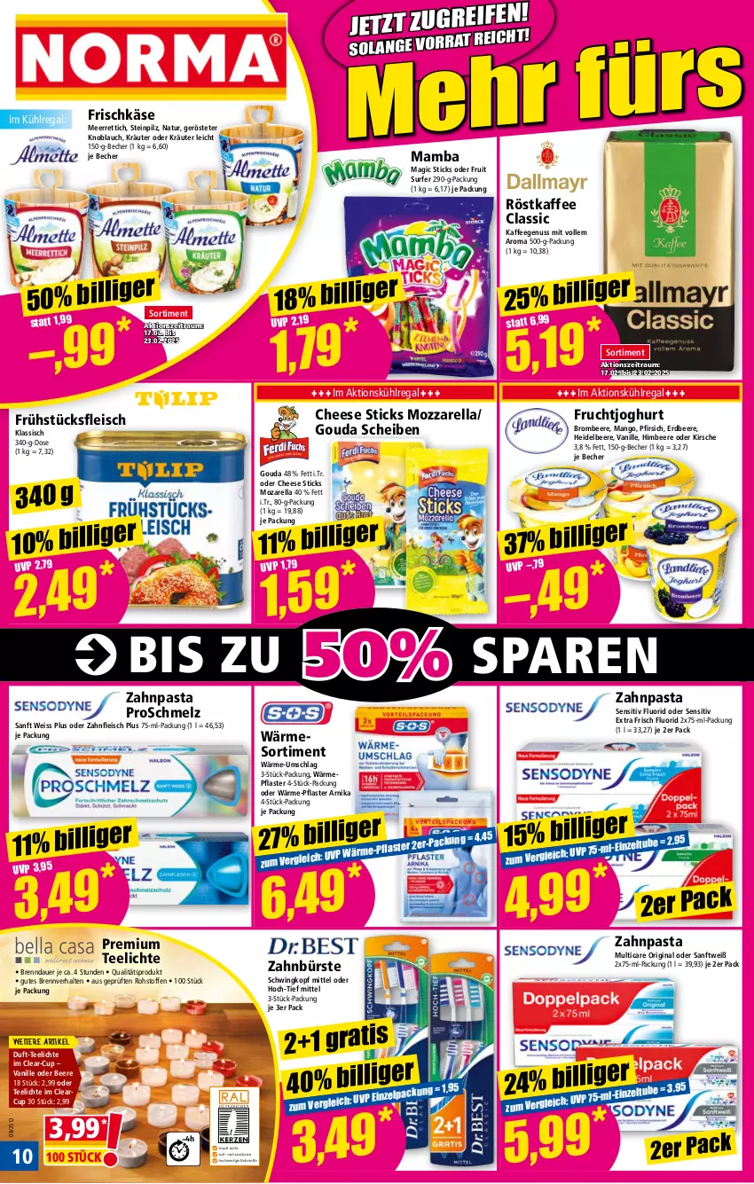 Aktueller Prospekt Norma - Norma - von 17.02 bis 24.02.2025 - strona 10 - produkty: auer, Becher, beere, brombeere, bürste, eis, erdbeere, fleisch, frischkäse, frucht, fruchtjoghurt, frühstücksfleisch, gin, gouda, heidelbeere, himbeer, himbeere, joghur, joghurt, kaffee, kaffeegenuss, Käse, kirsch, kirsche, knoblauch, kräuter, kühlregal, mam, mango, meerrettich, mozzarella, natur, nuss, oder kräuter, pasta, pfirsich, pflaster, regal, rel, Rettich, röstkaffee, Surf, tee, Teelicht, teelichte, Ti, vanille, zahnbürste, zahnpasta, Zelt