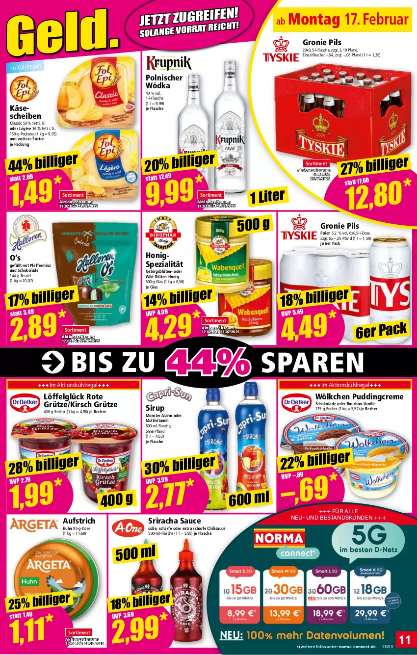 Aktueller Prospekt Norma - Norma - von 17.02 bis 24.02.2025 - strona 11 - produkty: aufstrich, Becher, beutel, Blüte, bourbon, chili, creme, flasche, grütze, honig, Käse, käsescheiben, kirsch, kühlregal, LG, Löffel, monster, pfeffer, pils, pudding, regal, Rote Grütze, sauce, schoko, schokolade, sirup, Spezi, Sriracha, Ti, vanille, vita, Wild