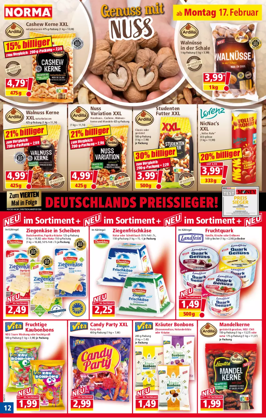 Aktueller Prospekt Norma - Norma - von 17.02 bis 24.02.2025 - strona 12 - produkty: Becher, beere, Blüte, bonbons, Cashew, chili, eis, ente, erdbeere, frischkäse, frucht, Fruchtquark, haselnuss, holunder, holunderblüte, Käse, kirsch, kirsche, kräuter, kühlregal, LG, mandel, mandeln, natur, nuss, oder kräuter, paprika, quark, regal, reis, reiss, Ria, salz, Schal, Schale, schnittlauch, Ti, vanille, walnuss, Walnuss Kerne, walnusskerne, ziegenfrischkäse, ziegenkäse, zitrone, zitronen