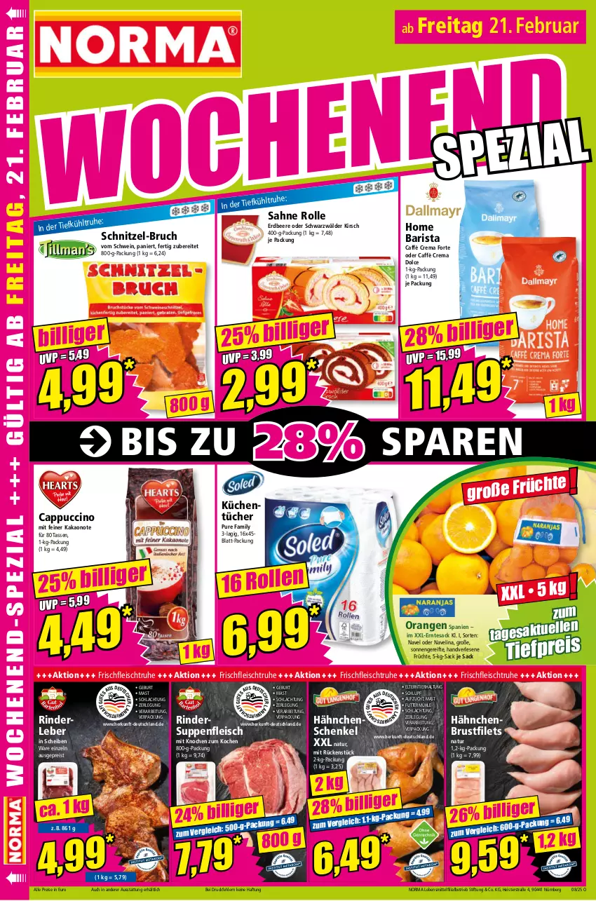 Aktueller Prospekt Norma - Norma - von 17.02 bis 24.02.2025 - strona 18 - produkty: beere, brustfilet, caffè crema, Cap, cappuccino, cin, eis, erdbeere, filet, filets, fleisch, früchte, hähnchenbrust, hähnchenbrustfilet, hähnchenschenkel, henkel, kakao, kirsch, küche, Küchen, küchentücher, lebensmittel, natur, navelina, orange, orangen, reis, rind, rinder, Rinderleber, sac, sahne, schenkel, schnitzel, Schnitzel-Bruch, schwein, suppe, suppen, suppenfleisch, tasse, tesa, Ti, tiefpreis, tücher, wein