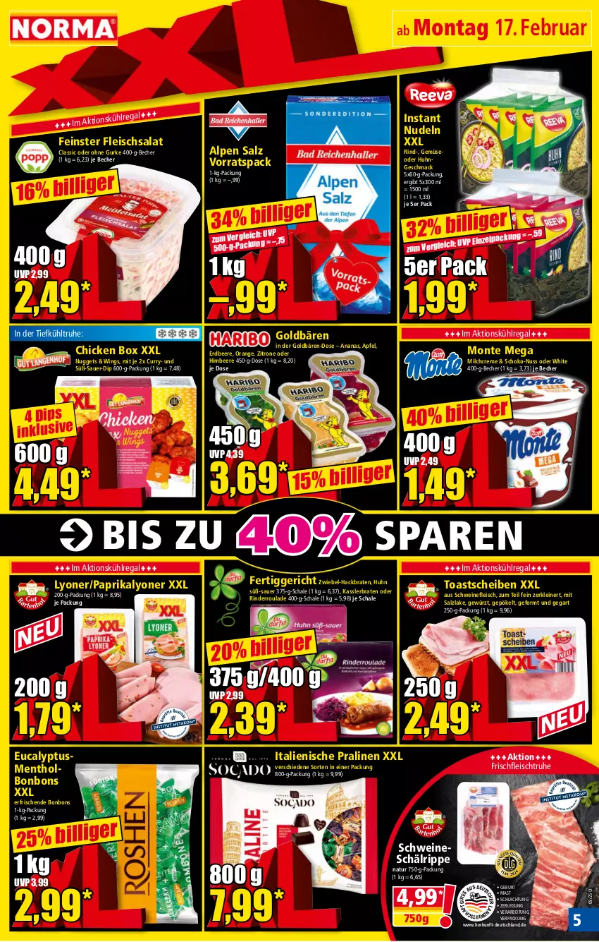 Aktueller Prospekt Norma - Norma - von 17.02 bis 24.02.2025 - strona 5 - produkty: ananas, apfel, auer, Becher, beere, bonbons, braten, creme, curry, dip, eis, erdbeere, fertiggericht, fleisch, fleischsalat, gewürz, goldbären, gurke, himbeer, himbeere, kühlregal, leine, lyoner, mac, milch, monte, natur, nudel, nudeln, nuggets, nuss, orange, paprika, pralinen, regal, rind, rinder, Rinderroulade, salat, salz, Schal, Schale, schoko, schwein, schweine, schweinefleisch, Ti, toast, wein, weine, Yo, zitrone, zwiebel