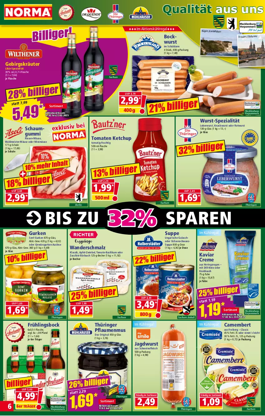 Aktueller Prospekt Norma - Norma - von 17.02 bis 24.02.2025 - strona 6 - produkty: apfel, basilikum, Becher, bockwurst, camembert, creme, eis, flasche, fleisch, frucht, gewürz, Gewürzgurke, gewürzgurken, gin, gulasch, gurke, gurken, hering, Herings, jagdwurst, ketchup, knoblauch, kräuter, Kreide, kühlregal, leberwurst, likör, lorenz, malz, Meister, pflaume, pflaumen, pflaumenmus, regal, ring, Rotwurst, Schal, Schale, Schmalz, schwein, schweine, schweinefleisch, senf, Spezi, suppe, Ti, tomate, tomate-basilikum, tomaten, tomaten ketchup, waldmeister, wein, weine, wurst, zucchini, zwiebel