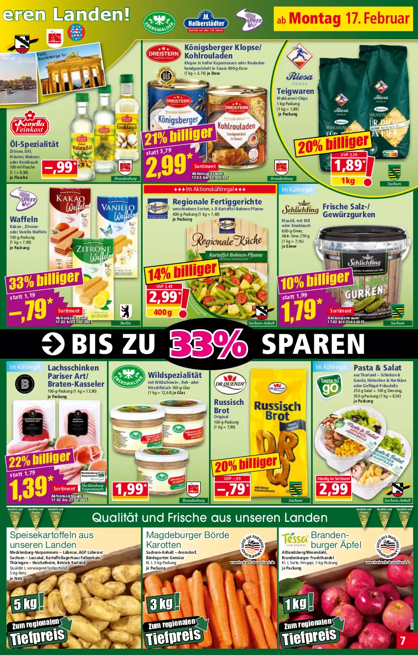 Aktueller Prospekt Norma - Norma - von 17.02 bis 24.02.2025 - strona 7 - produkty: arla, Berger, bohne, bohnen, Brandenburger äpfel, braten, brot, burger, chips, dell, dressing, eimer, eis, elle, fertiggericht, fertiggerichte, flasche, fleisch, frucht, Garten, Geflügel, gewürz, Gewürzgurke, gewürzgurken, gin, gouda, gurke, gurken, hartkäse, kakao, karotten, kartoffel, kartoffeln, Käse, kasseler, knoblauch, Kohlrouladen, Königsberger Klopse, kräuter, kühlregal, lachs, lachsschinken, nuss, pasta, pfanne, regal, reis, ring, rouladen, russisch brot, sac, salat, salz, sauce, schinken, schwein, speisekartoffeln, Spezi, teigwaren, Ti, tiefpreis, waffeln, walnuss, wein, WICK, Wild, Wildschwein, zitrone