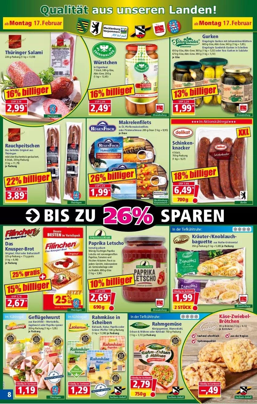 Aktueller Prospekt Norma - Norma - von 17.02 bis 24.02.2025 - strona 8 - produkty: baguette, ball, blume, blumen, blumenkohl, brot, brötchen, buch, dell, erbsen, filet, filets, frucht, Geflügel, gin, gurke, gurken, Holz, HP, ilag, jagdwurst, Käse, knacker, knoblauch, Knoblauchbaguette, Knusper-Brot, kohlrabi, kräuter, kräutern, kühlregal, Laufen, Letscho, lyoner, Makrele, Makrelenfilets, Maus, möhren, mortadella, natur, nudel, nudeln, Ofen, paprika, pfeffer, Rahmgemüse, Rauch, regal, rel, ring, salami, salz, sandwich, schinken, spitzenqualität, Ti, tomate, tomaten, vita, wurst, würstchen, Yo, zwiebel