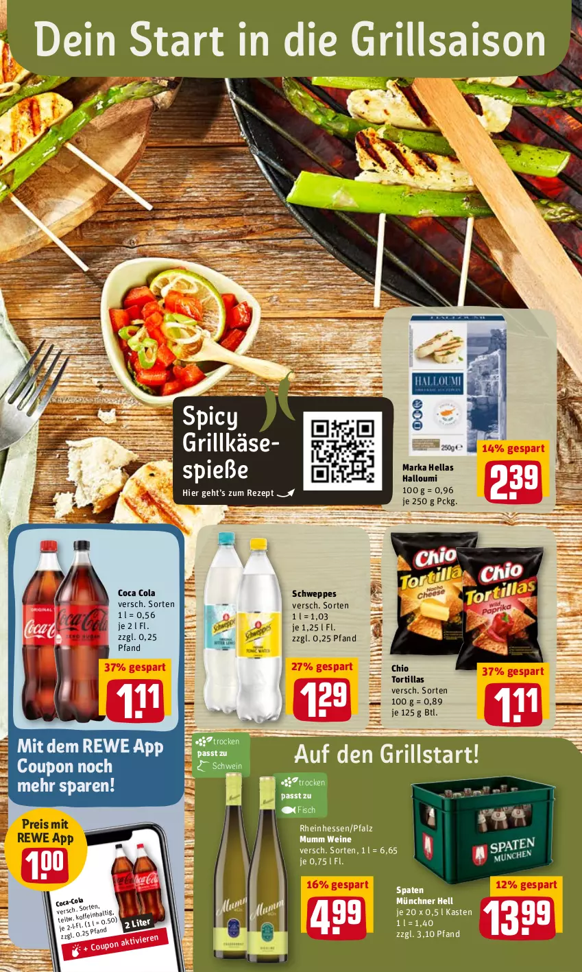 Aktueller Prospekt Rewe - REWE Ihr Kaufpark - von 19.04 bis 23.04.2022 - strona 13 - produkty: cola, coupon, eis, fisch, grill, Grillkäse, Halloumi, hella, Käse, mumm, reis, rezept, schwein, schweppes, Spaten, Ti, tortilla, tortillas, wein, weine