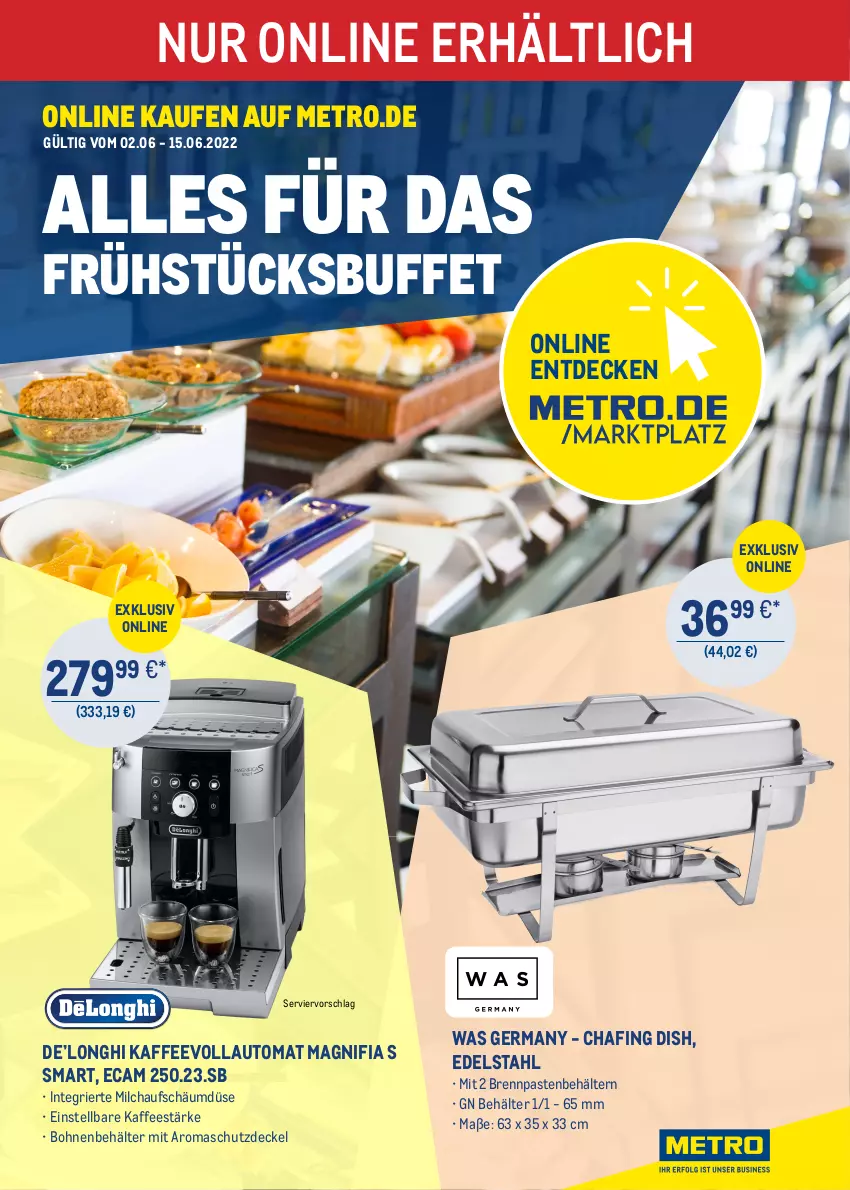 Aktueller Prospekt Metro - ONLINE-MARKTPLATZ - von 02.06 bis 15.06.2022 - strona 1 - produkty: auto, Behälter, bett, bohne, bohnen, Brennpaste, decke, Deckel, edelstahl, Germ, kaffee, kaffeevollautomat, Metro, milch, Ti