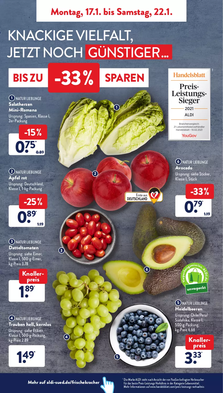 Aktueller Prospekt AldiSud - ALDI Aktuell - von 17.01 bis 22.01.2022 - strona 2 - produkty: aldi, avocado, beere, beeren, datteltomaten, eimer, eis, heidelbeere, heidelbeeren, knallerpreis, kracher, lebensmittel, natur, Rauch, reis, salat, salatherzen, Ti, tomate, tomaten, trauben, Yo