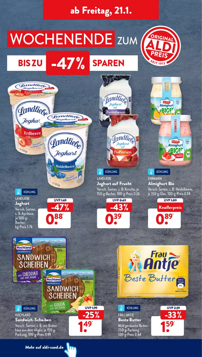 Aktueller Prospekt AldiSud - ALDI Aktuell - von 17.01 bis 22.01.2022 - strona 32 - produkty: aldi, almighur, almighurt, aprikose, Becher, beere, beste butter, bio, butter, butterkäse, ehrmann, eis, frau antje, frucht, heidelbeere, hochland, joghur, joghurt, Käse, kirsch, kirsche, knallerpreis, landliebe, landliebe joghurt, LG, reis, sandwich, sandwich-scheiben