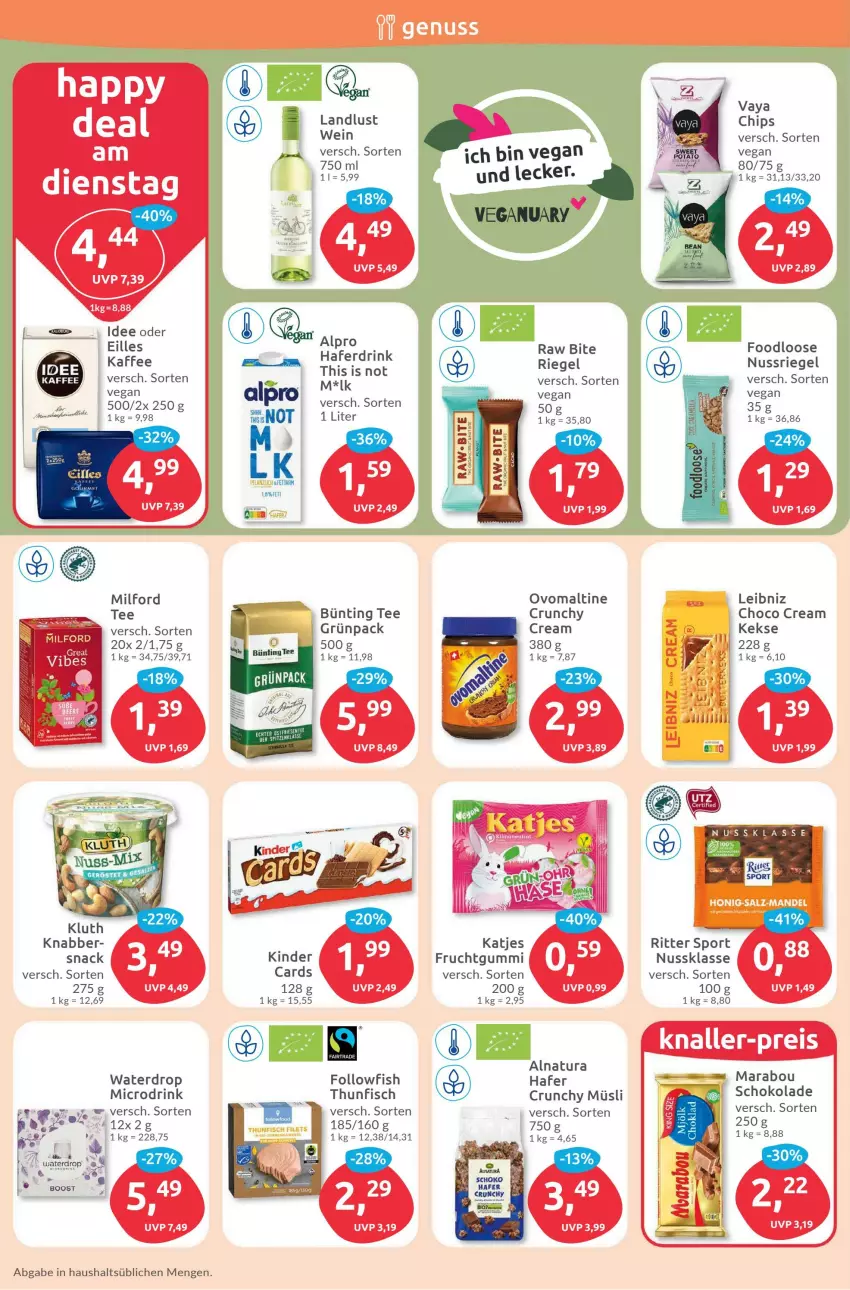 Aktueller Prospekt Budni - Prospekte - von 23.01 bis 28.01.2023 - strona 6 - produkty: alpro, bünting tee, drink, fisch, followfish, frucht, fruchtgummi, hafer, Haferdrink, kaffee, keks, kekse, Loose, Marabou, milford, müsli, natur, natura, nuss, nussriegel, ovomaltine, riegel, ritter, ritter sport, schoko, schokolade, snack, Sport, tee, thunfisch, Ti, wein