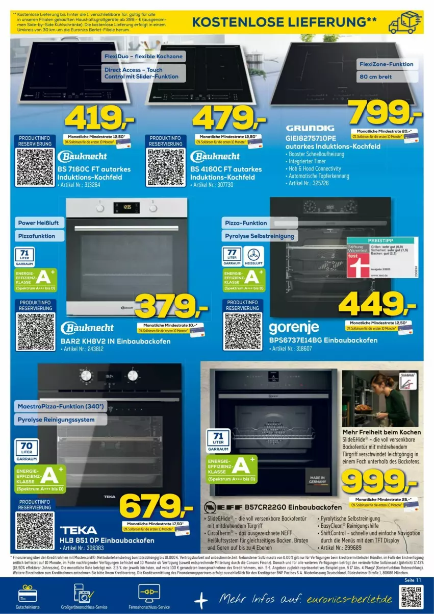 Aktueller Prospekt Euronics - Prospekte - von 05.03 bis 09.03.2024 - strona 11 - produkty: ACC, auto, backofen, Bau, bauknecht, braten, Brei, einbaubackofen, elle, gorenje, grundig, gutschein, kochfeld, monati, Ofen, pizza, Reinigung, tee, Ti, timer, tisch, topf