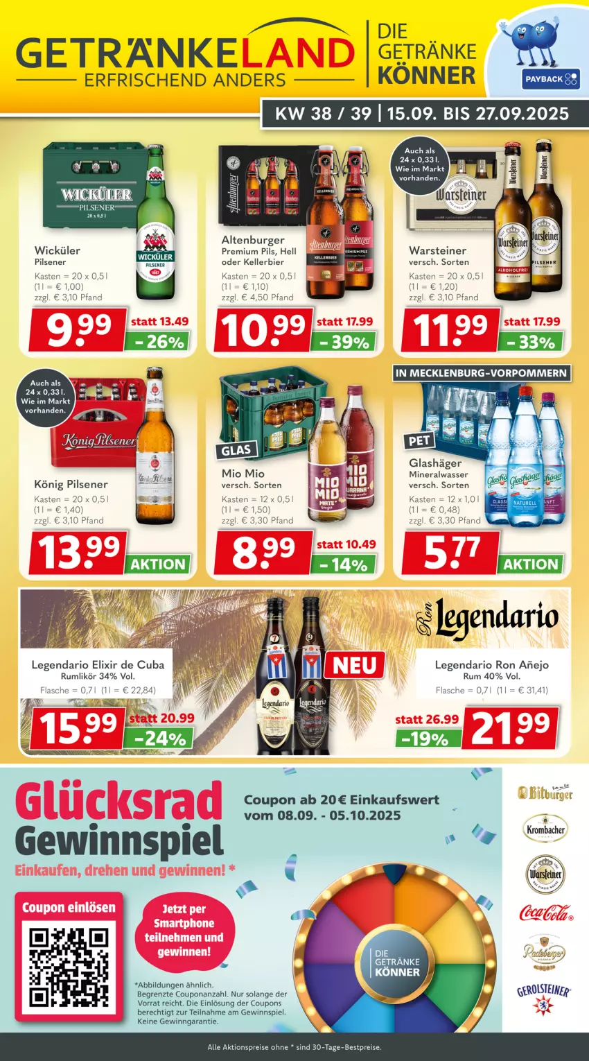 Aktueller Prospekt Getraenkeland - von 14.09 bis 26.09.2025 - strona 1 - produkty: aktionspreis, altenburger, Alwa, Berger, bestpreis, bestpreise, bier, burger, coupon, coupons, eis, elle, flasche, getränk, getränke, gewinnspiel, kellerbier, könig pilsener, krombache, krombacher, likör, mineralwasser, Mio Mio, pils, pilsener, premium pils, reis, rum, steiner, Ti, warsteiner, wasser, WICK, ZTE