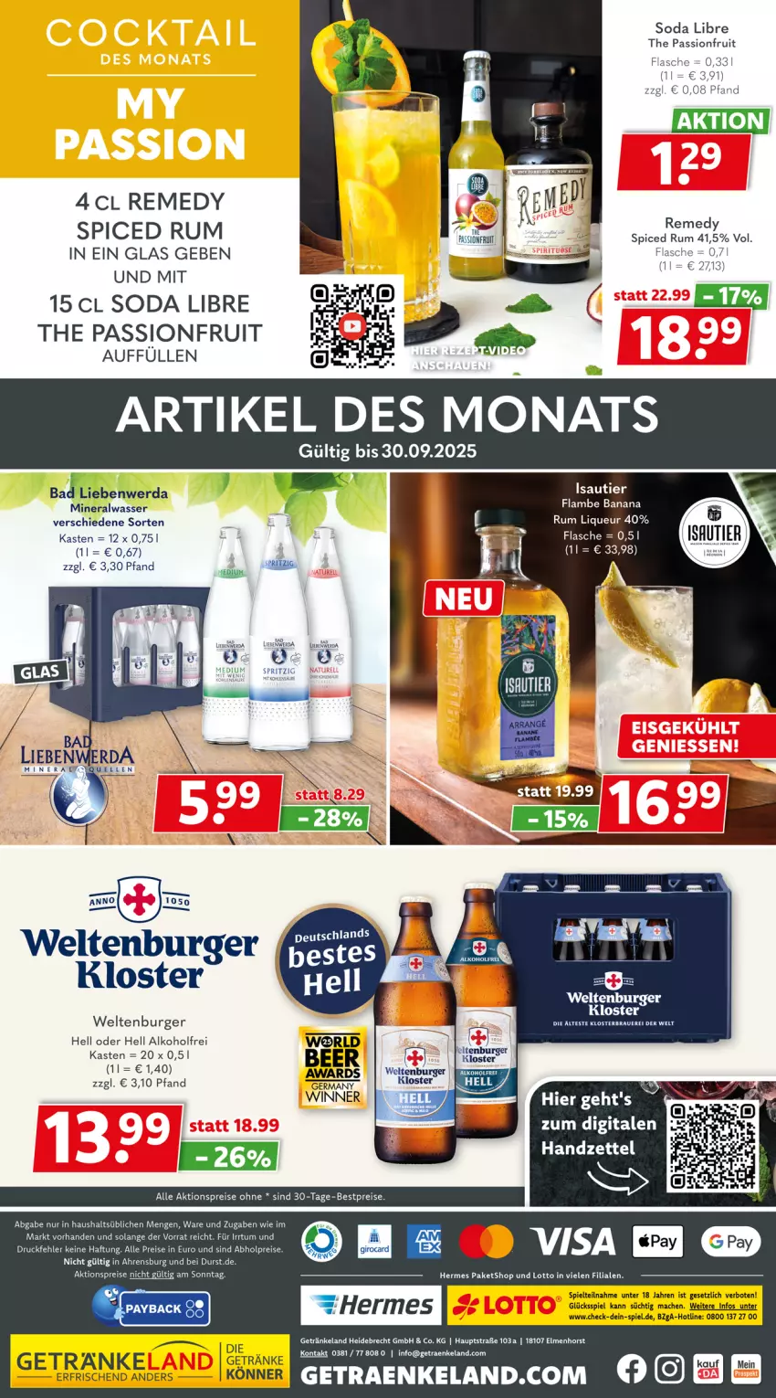 Aktueller Prospekt Getraenkeland - von 14.09 bis 26.09.2025 - strona 8 - produkty: abholpreise, aktionspreis, Alwa, Bad, Bad Liebenwerda, bestpreis, bestpreise, burger, eis, Elan, elle, flasche, getränk, getränke, liqueur, mineralwasser, reis, rum, Soda, Ti, wasser