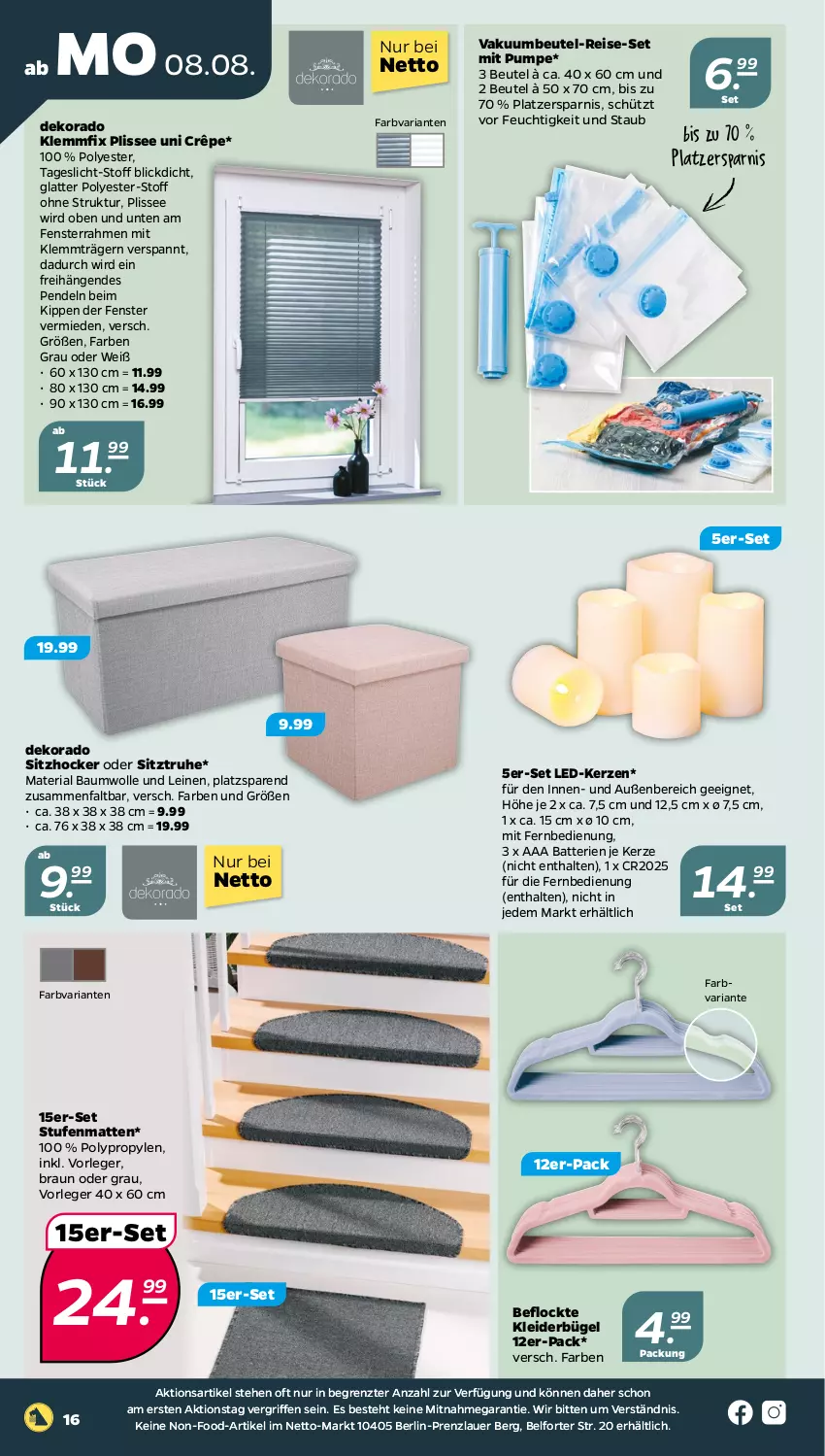 Aktueller Prospekt Netto - Woche 32 - von 08.08 bis 13.08.2022 - strona 16 - produkty: auer, batterie, batterien, Bau, baumwolle, beutel, braun, bügel, eis, fenster, fernbedienung, hocker, kerze, kleid, kleider, kleiderbügel, latte, LED-Kerze, leine, mit fernbedienung, reis, Ria, Sitztruhe, Stufenmatten, Ti, Vakuumbeutel, wolle, ZTE