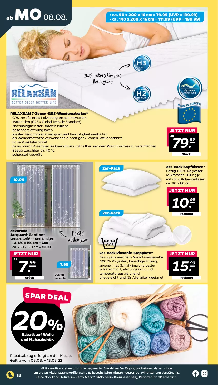 Aktueller Prospekt Netto - Woche 32 - von 08.08 bis 13.08.2022 - strona 18 - produkty: asti, auer, Bau, bett, elle, HP, kissen, kopfkissen, LG, matratze, mikrofaser, rel, Ria, rwe, Sport, steppbett, Ti, wendematratze, wolle, ZTE