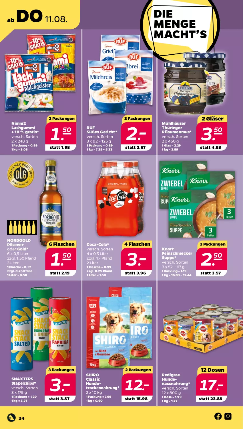 Aktueller Prospekt Netto - Woche 32 - von 08.08 bis 13.08.2022 - strona 24 - produkty: chips, coca-cola, cola, feinschmecker, flasche, Gläser, Hundetrockennahrung, knorr, lachgummi, mühlhäuser, Nassnahrung, nimm2, pedigree, pflaume, pflaumen, pflaumenmus, pils, pilsener, ring, suppe, Ti, Trockennahrung