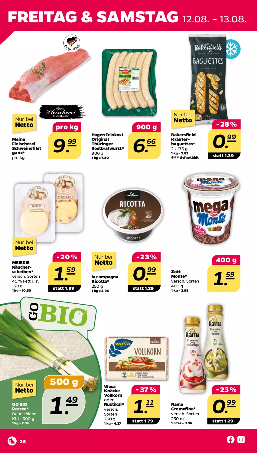 Aktueller Prospekt Netto - Woche 32 - von 08.08 bis 13.08.2022 - strona 26 - produkty: baguette, baguettes, bio, bratwurst, creme, eier, eis, feinkost, filet, fleisch, Fleischerei, gin, korn, kräuter, monte, original thüringer, rama, rama cremefine, ricotta, ring, rostbratwurst, Schere, schwein, schweine, schweinefilet, thüringer rostbratwurst, Ti, wasa, wein, weine, wurst, zott, Zott Monte