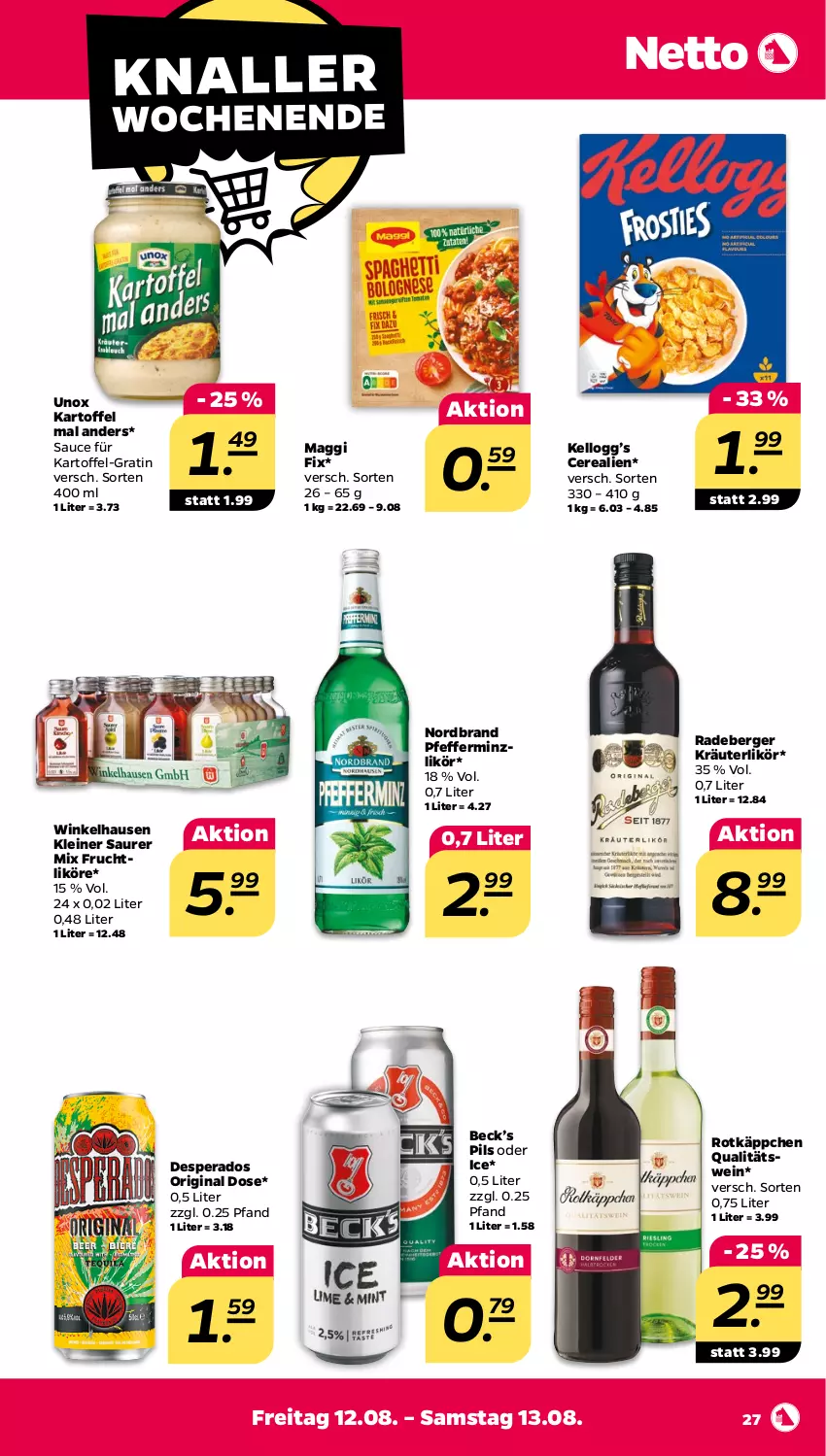 Aktueller Prospekt Netto - Woche 32 - von 08.08 bis 13.08.2022 - strona 27 - produkty: Berger, cerealien, desperados, frucht, gin, kartoffel, kräuter, kräuterlikör, leine, likör, maggi, maggi fix, nordbrand, pfeffer, pfefferminzlikör, pils, qualitätswein, radeberger, rotkäppchen, sauce, Ti, wein, winkelhausen