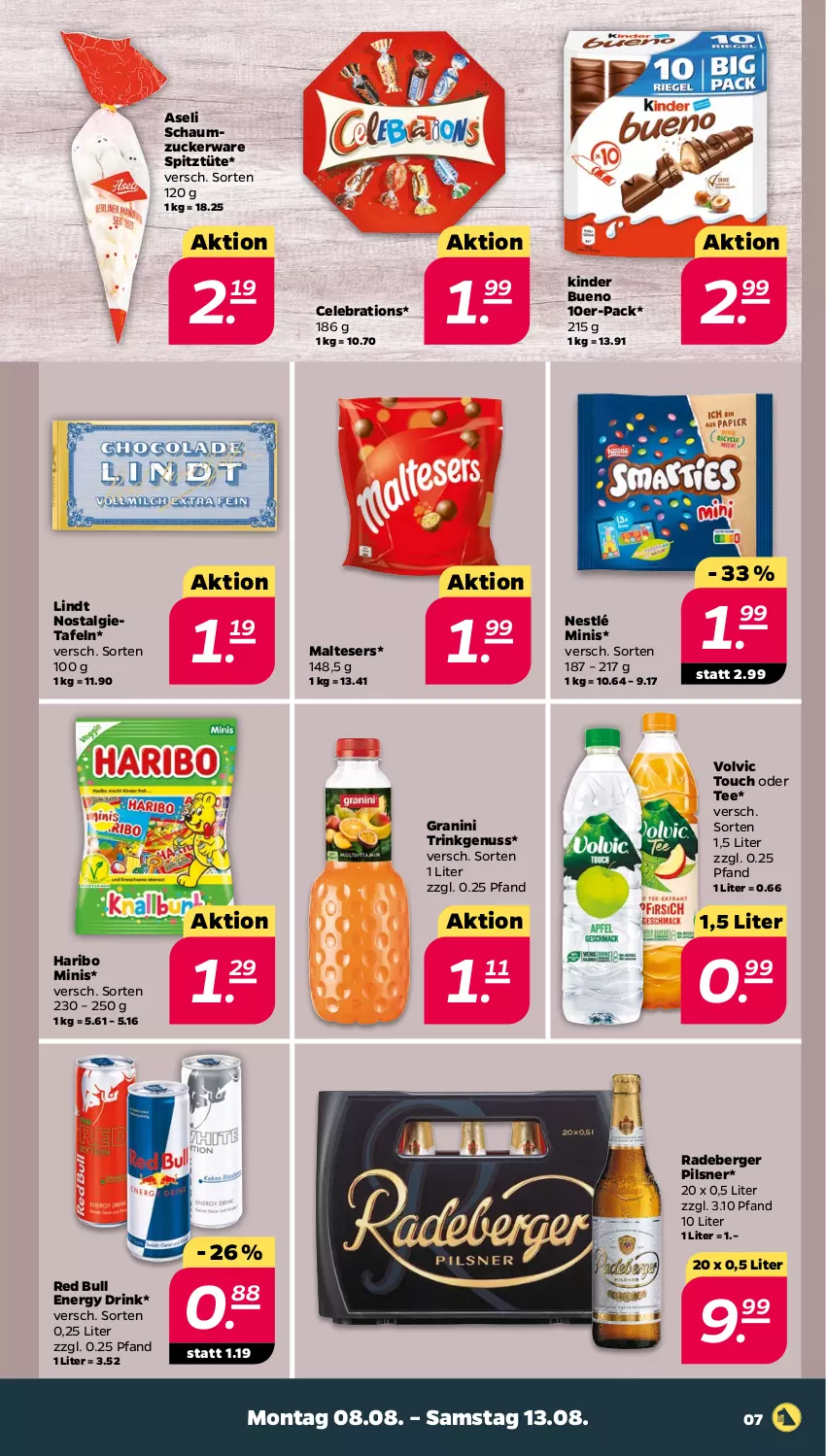 Aktueller Prospekt Netto - Woche 32 - von 08.08 bis 13.08.2022 - strona 7 - produkty: Berger, drink, energy drink, granini, haribo, Kinder, kinder bueno, LG, lindt, malteser, nestlé, nuss, pils, pilsner, radeberger, radeberger pilsner, red bull, Schaumzucker, tee, Ti, Tüte, volvic, zucker