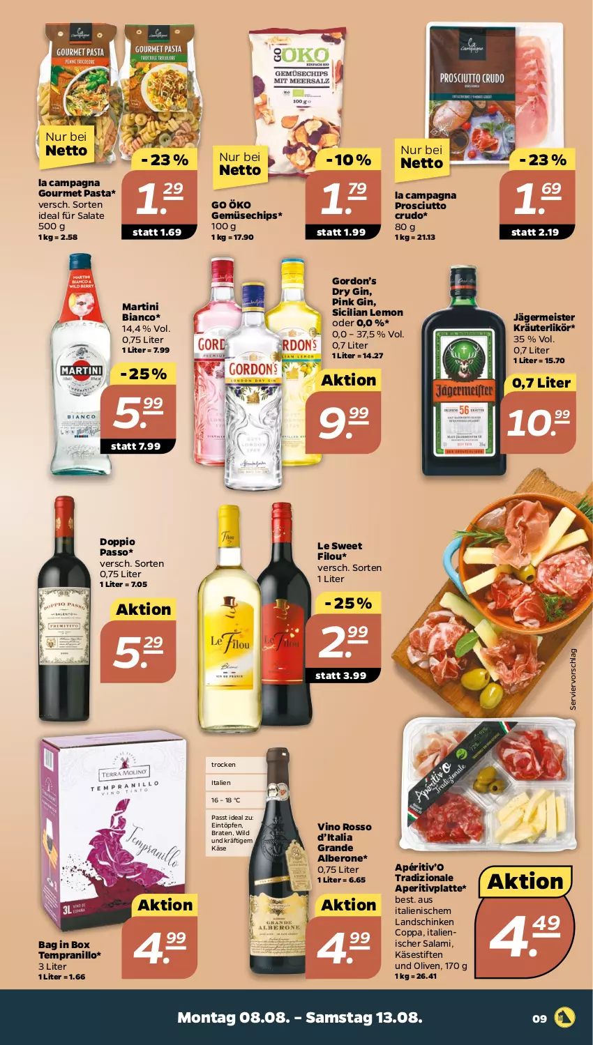 Aktueller Prospekt Netto - Woche 32 - von 08.08 bis 13.08.2022 - strona 9 - produkty: braten, chips, doppio passo, dry gin, eintöpfe, eis, Germ, gin, gordon, Gordon’s, jägermeister, Käse, kräuter, kräuterlikör, landschinken, latte, likör, martini, Meister, olive, oliven, passo, pasta, prosciutto, prosciutto crudo, salami, salat, salate, schinken, stifte, tempranillo, Ti, tradizionale, Wild